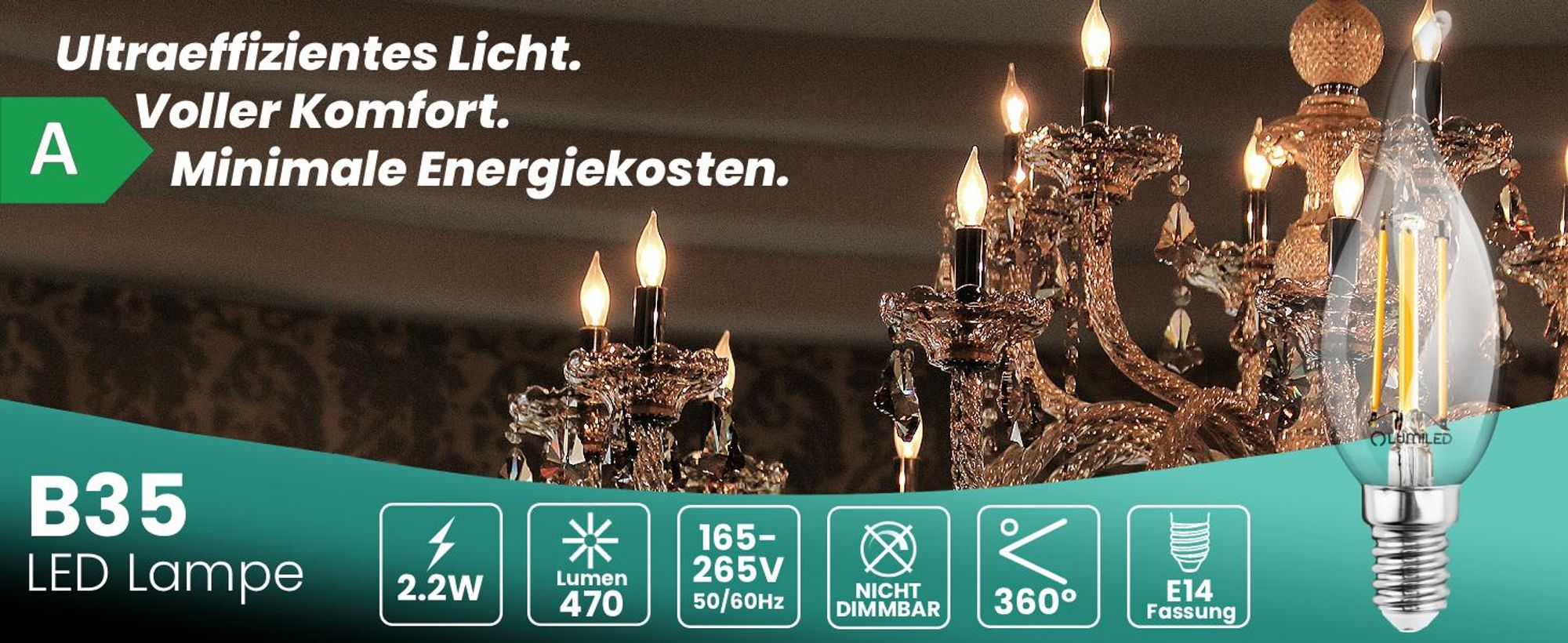LUMILED 6er Set LED Kerzenlampe BA35 E14 Windstoß Ultraeffizient  2,2W 470lm Ersatz 40W 2700K Warmweiß Filament Klar Glas 360° Abstrahlwinkel Nicht Dimmbar