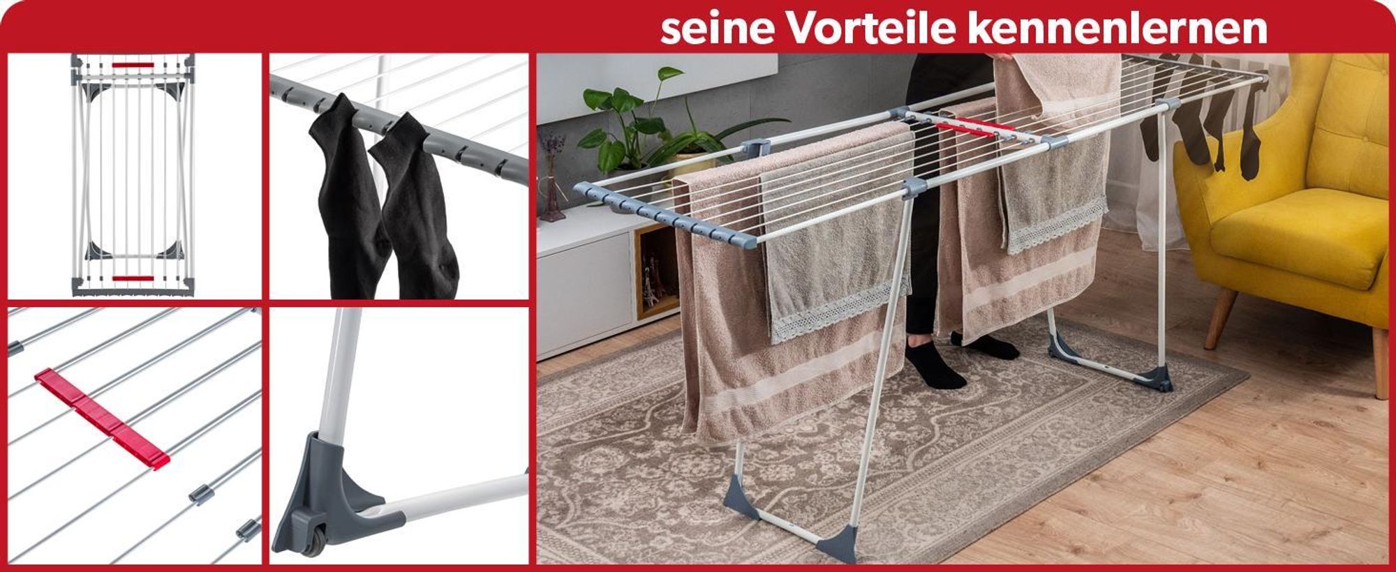 KADAX Wäscheständer "Eloie", großer Trockenleinenlänge, Grau, 110-196 cm