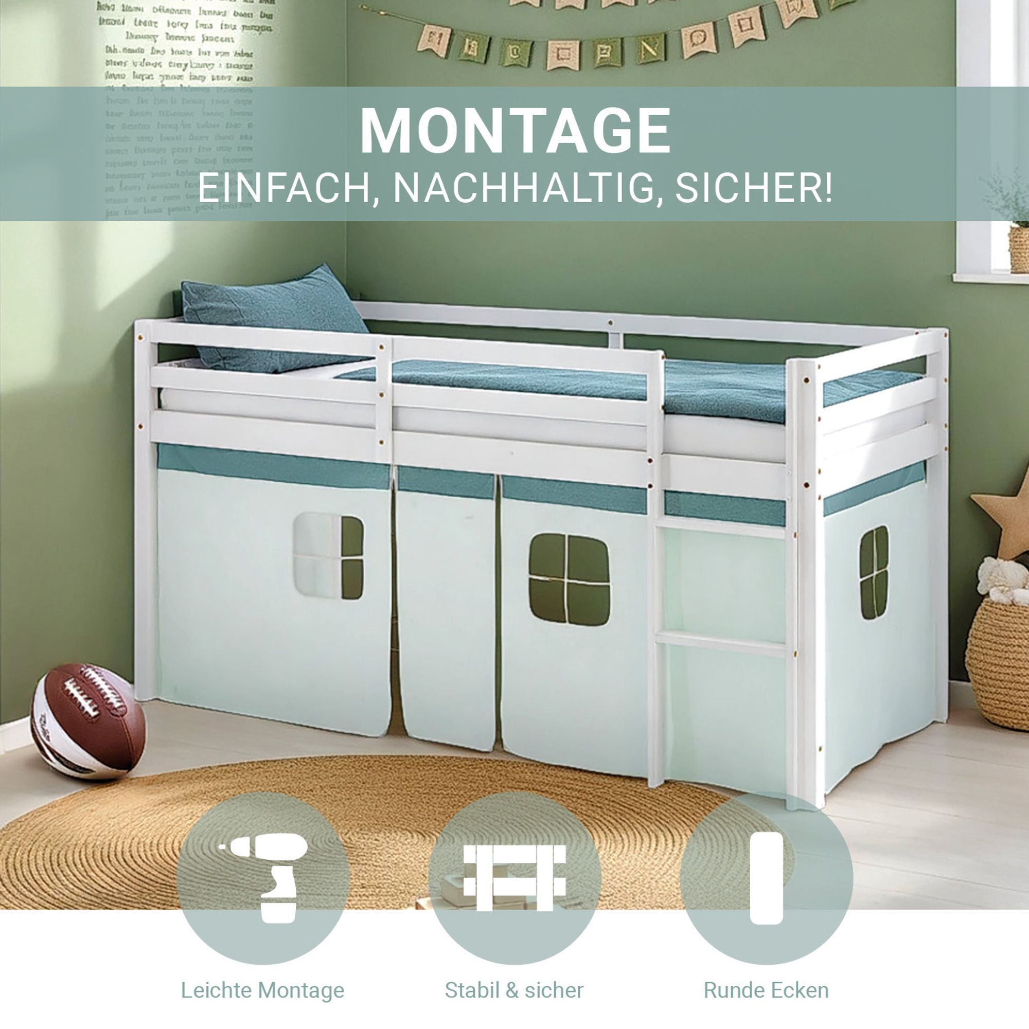 Hochbett mit Vorhang mit leichter Montage