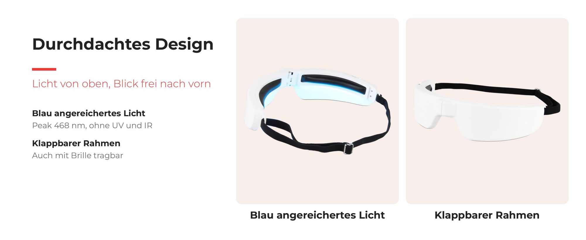 Innenseite der Lichttherapiebrille mit Licht und klappbarem Rahmen