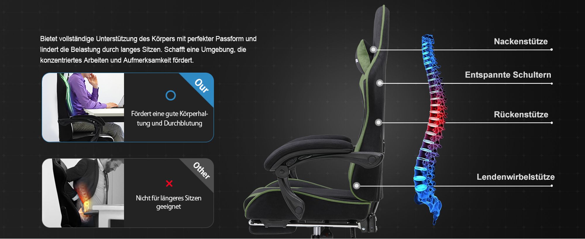 GTPLAYER Bürostuhl Gaming Stuhl Stoff Gaming Sessel Ergonomischer Gamer Stuhl mit Fußstütze, Kopfstütze Lendenkissen, Gepolstert Gaming Chair, grün