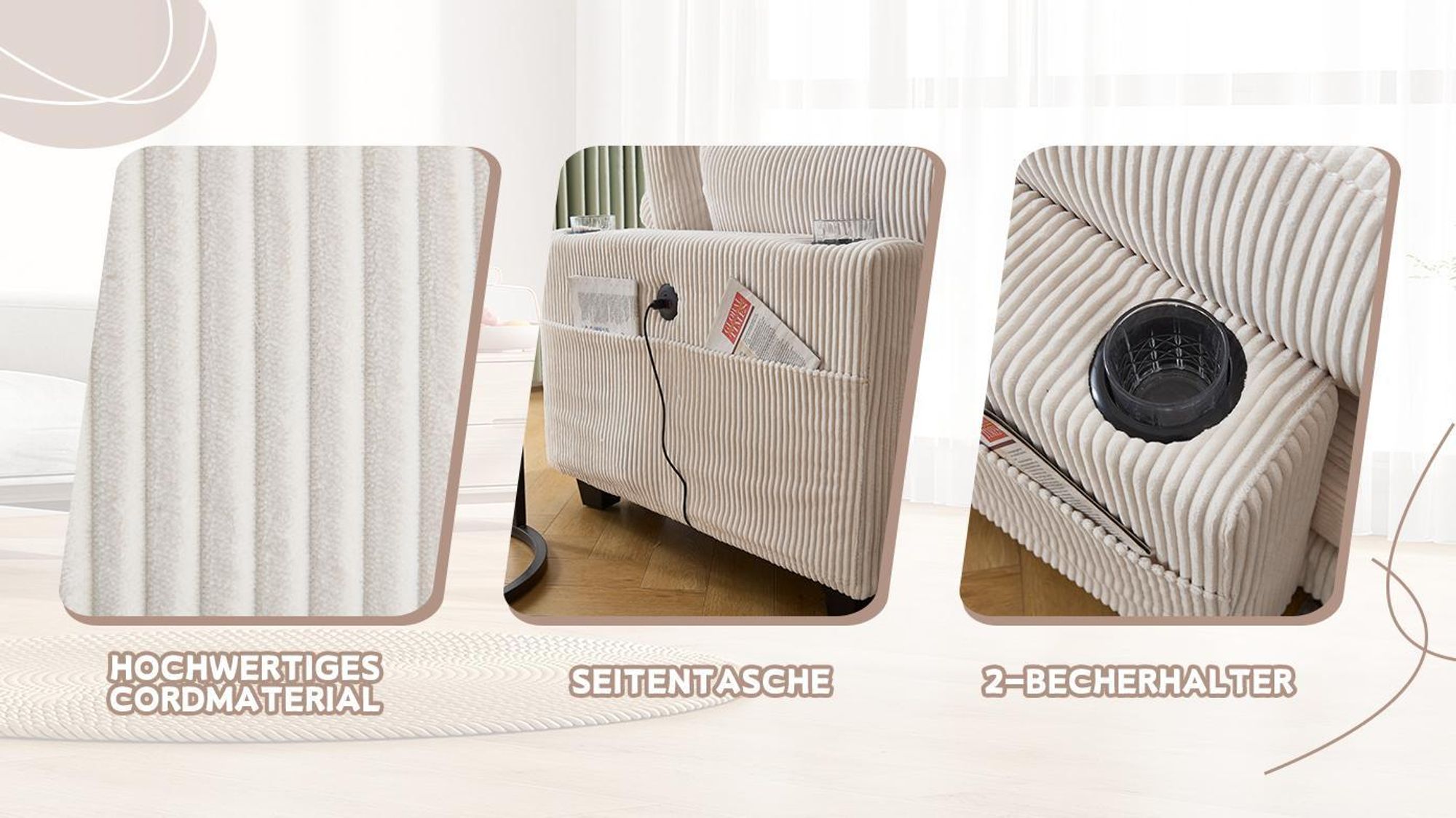 LVHOM Chaiselongue mit USB&Becherhälter, Relaxsessel mit Seitentaschen, Einzelsessel Bodensofa Loungesessel, Rückenlehne verstellbar, Beige