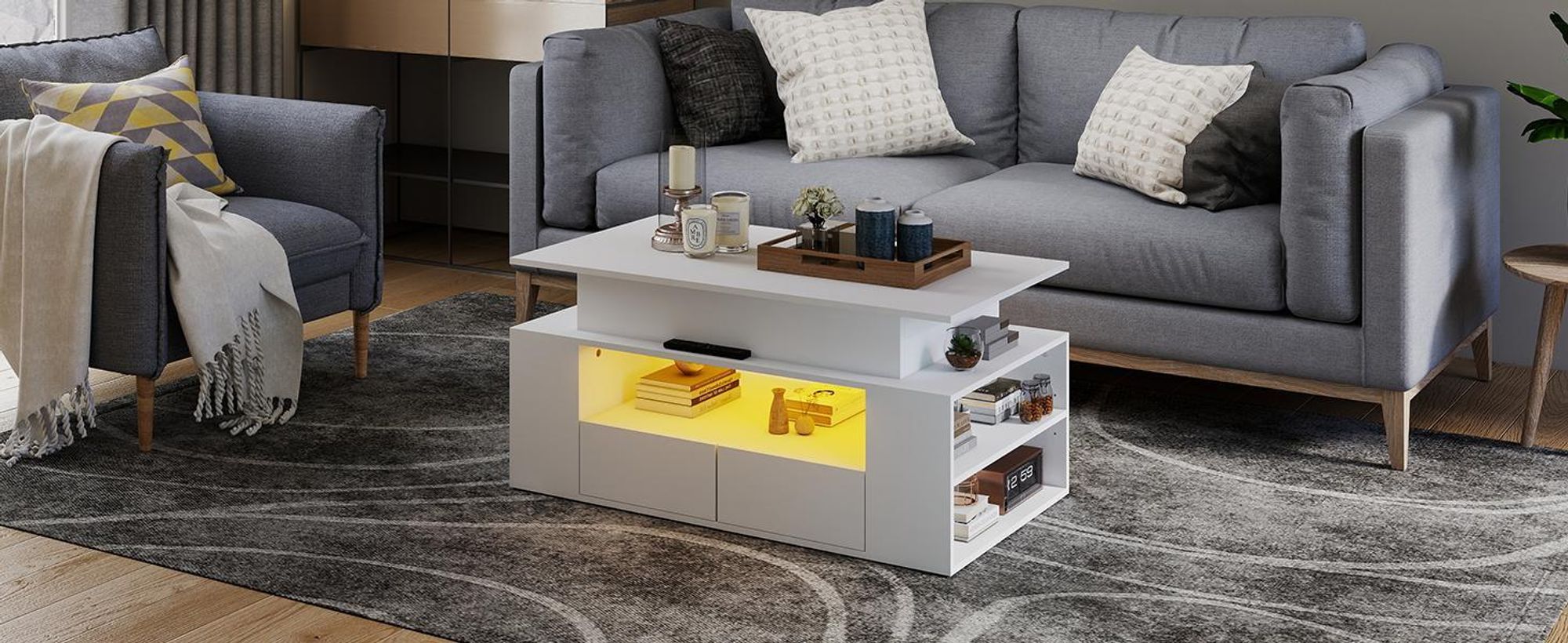 Puluomis Couchtisch mit Schublade, Abhebbarer Tischplatte, RGB Lichtleiste mit App Steuerung Kaffeetisch Schreibtisch Sofatisch für Wohnzimmer weiß