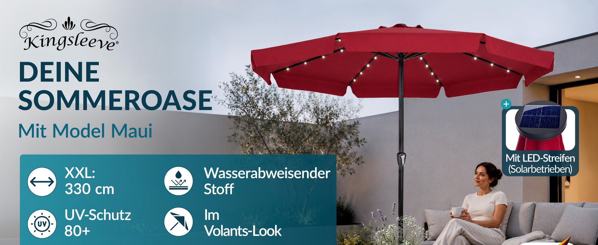 KINGSLEEVE® Sonnenschirm LED Beleuchtung UV Schutz 80+ Solar Schutzhülle 330cm Groß Kurbel Volant Balkon Terrasse Gartenschirm Marktschirm Rot