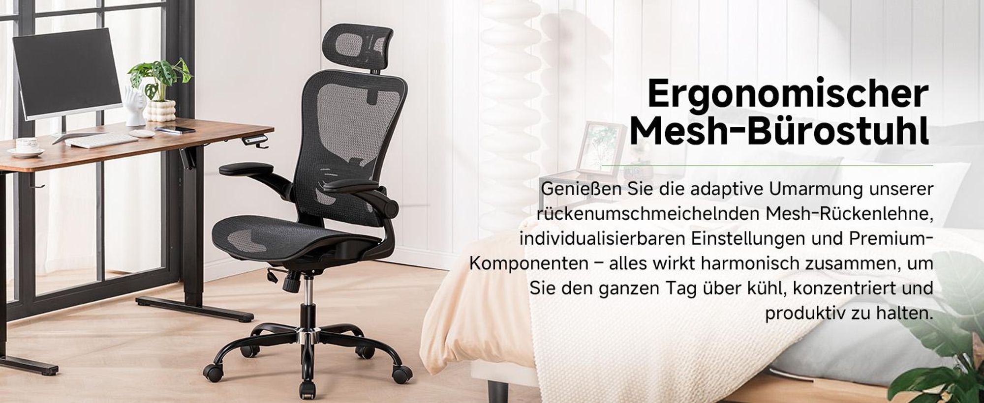 COMHOMA Bürostuhl Ergonomisch, Schreibtischstuhl mit Verstellbarer Kopfstütze, Armlehnen, Lendenwirbelstütze, Wippfunktion, Chefsessel aus Mesh, 150kg