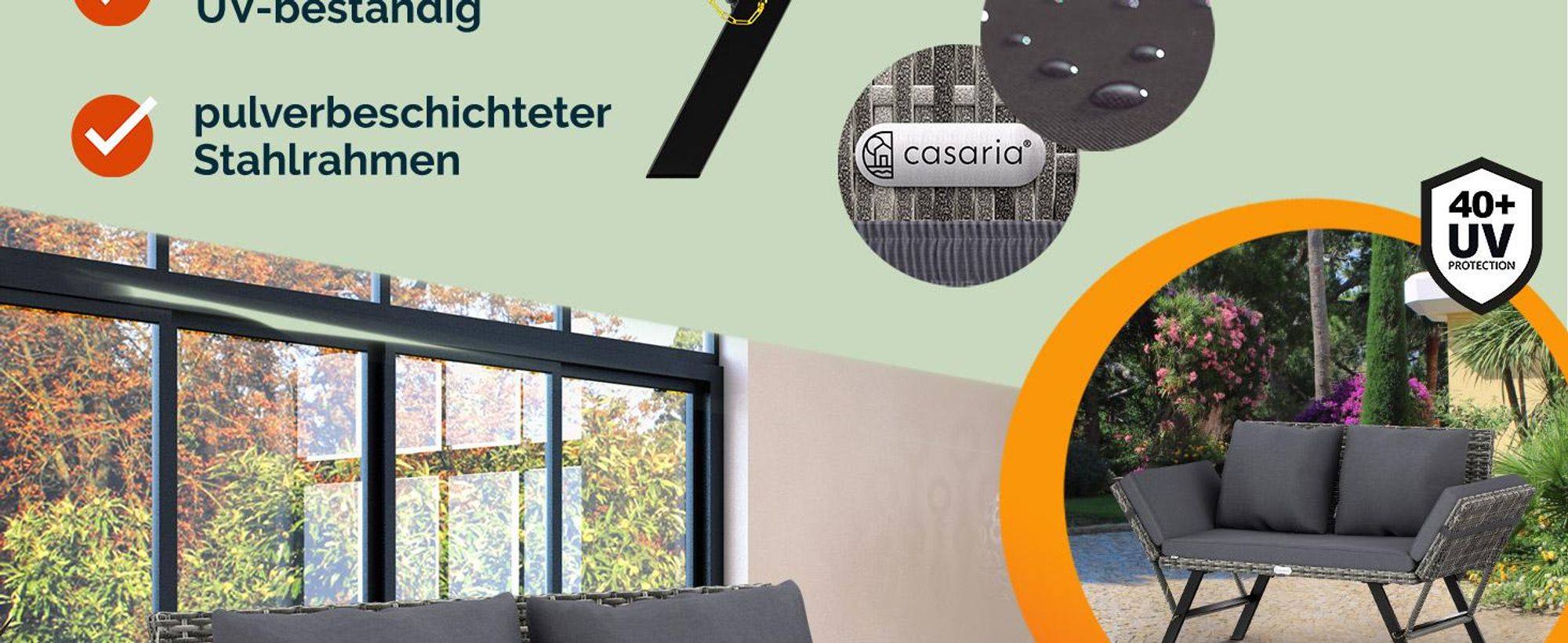 CASARIA® Polyrattan Gartenbank mit Liegefunktion Grau