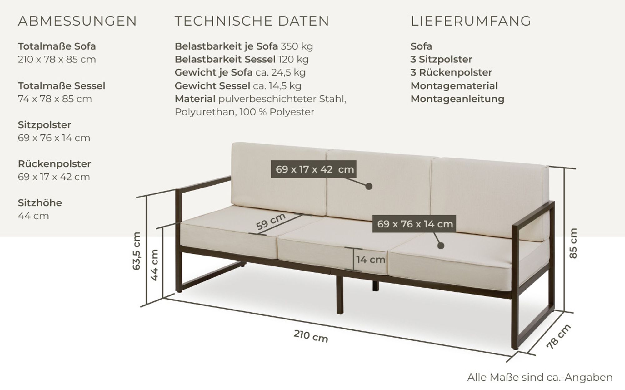 tectake® Garten-Loungesofa Comosa, 3-Sitzer, XXL-Polsterung