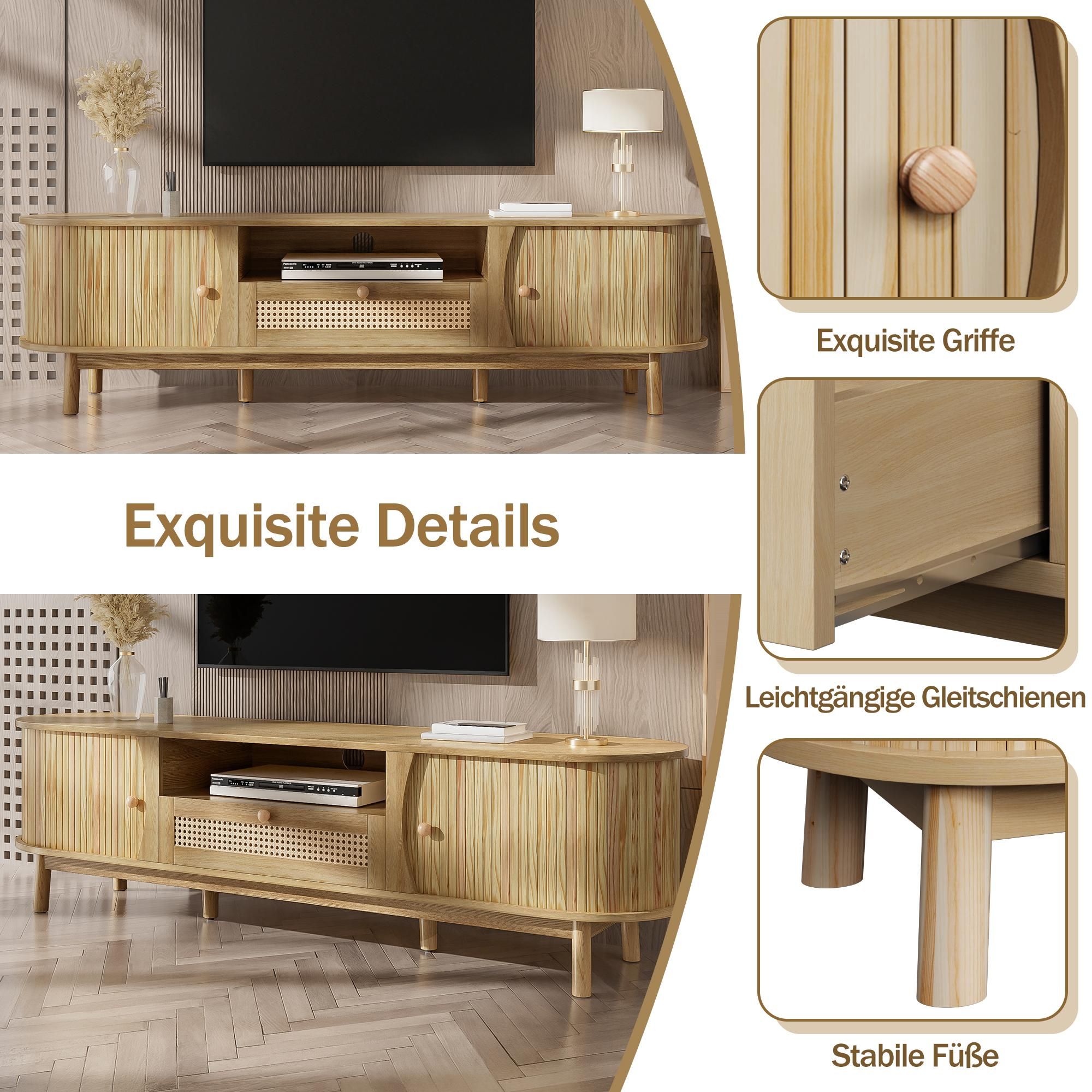 Merax TV-Schrank aus Rattan in Landhausstil, TV Lowboard mit Schiebetüren und Schubladen, TV-Ständer bis 70 Zoll mit Massivholzfüße, Natur