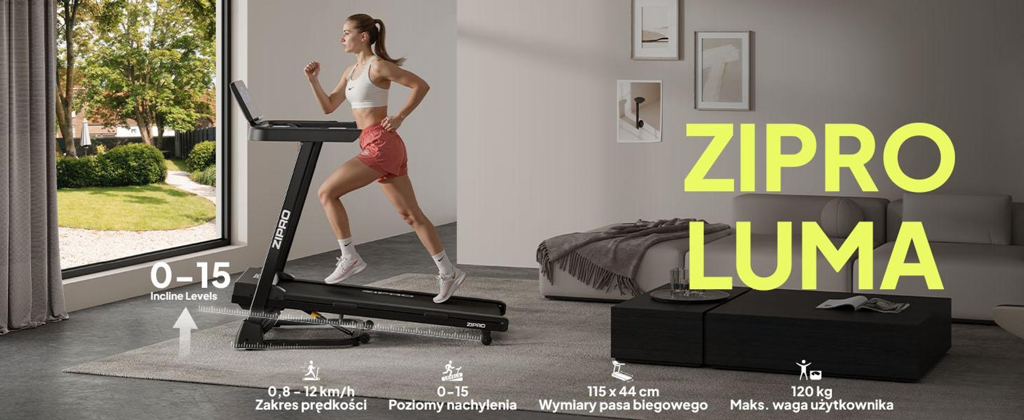 ZIPRO Luma Składana bieżnia z funkcją nachylenia – elektryczna bieżnia do użytku domowego 12 km/h Rower treningowy Urządzenie fitness Aplikacja Kinomap Bluetooth