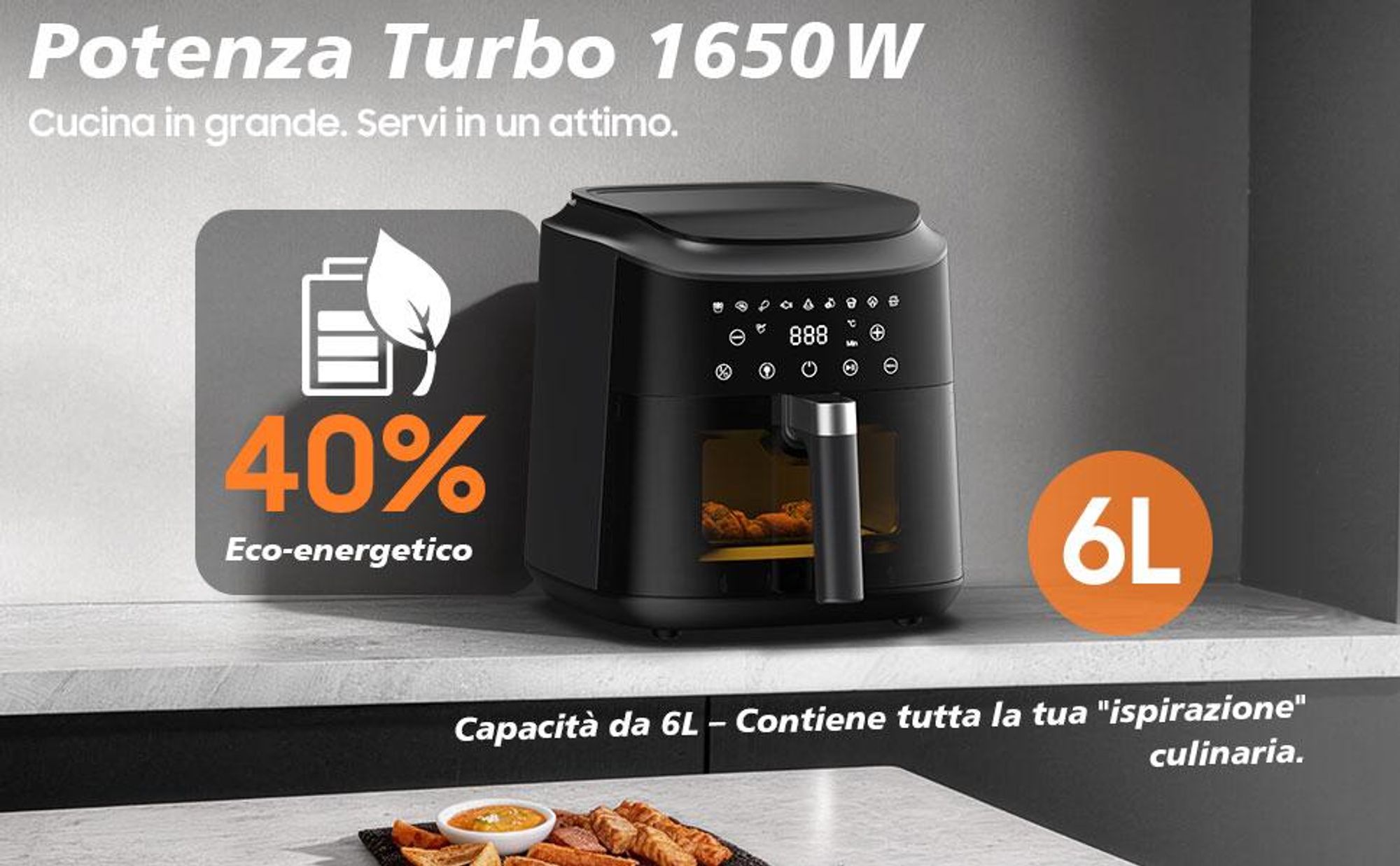 Friggitrice ad aria 6L con finestra di osservazione, friggitrice ad aria senza olio, 9 programmi con display touch