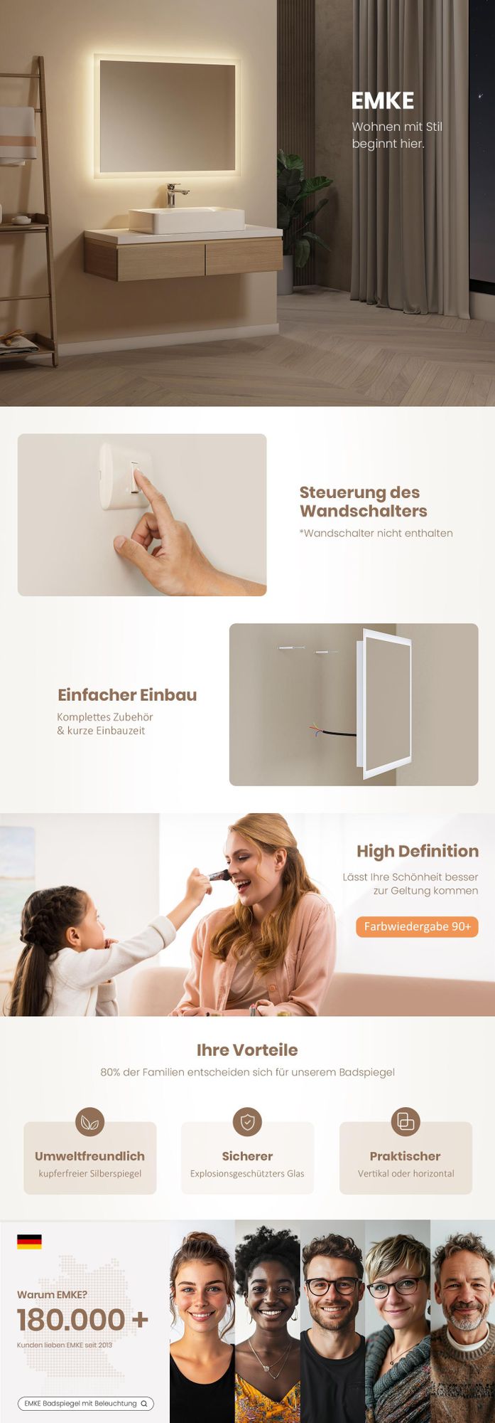 EMKE Badspiegel mit Beleuchtung LED-Spiegel mit Wandschalter 50 x 70cm Warmweiß