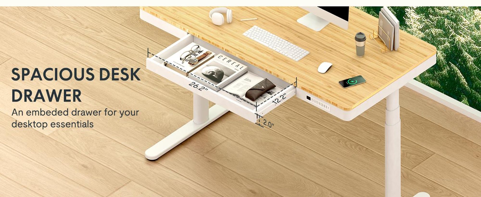 FLEXISPOT Q8 Höhenverstellbarer Schreibtisch mit kabellosem Laden, Schublade & Kabelmanagement, elektrisch mit Dual-Motor 140x70cm, Weiß, Bambus