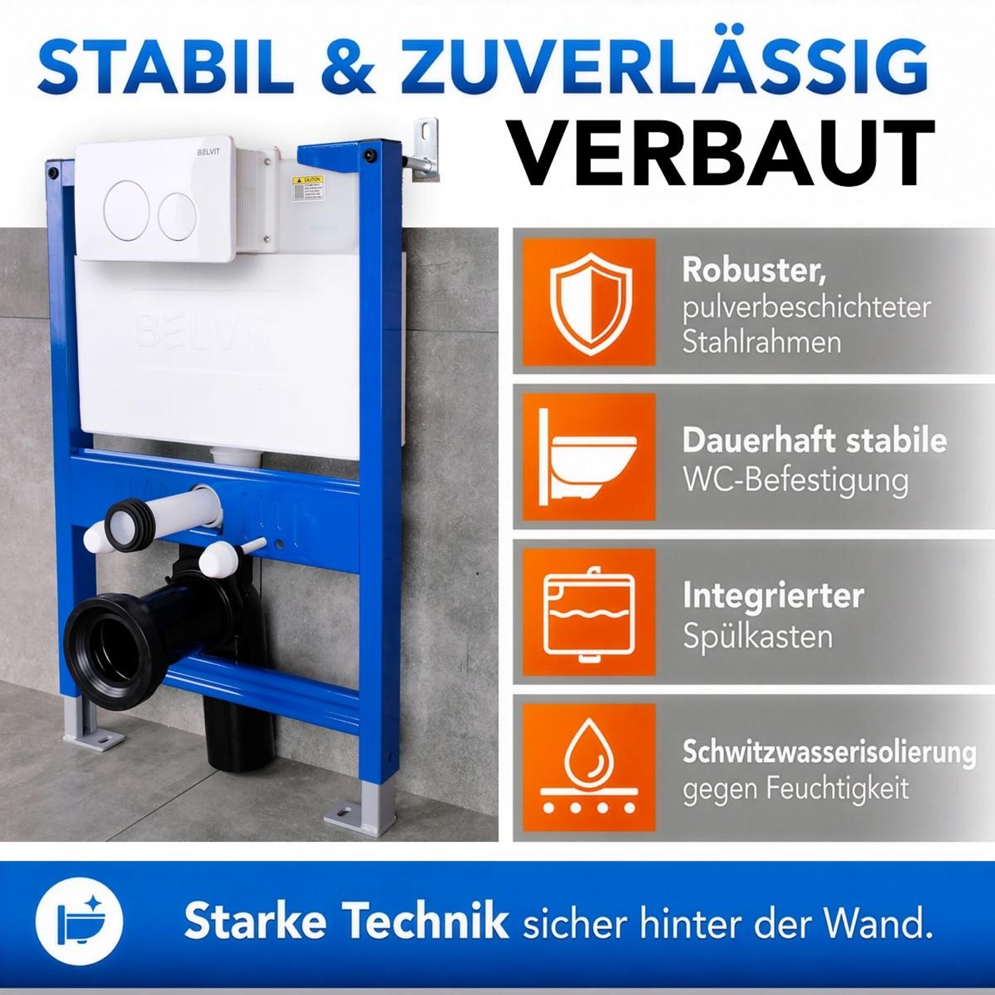 BELVIT Vorwandelement 75-82 cm für WC Trockenbau inkl. Spülkasten und Drückerplatte