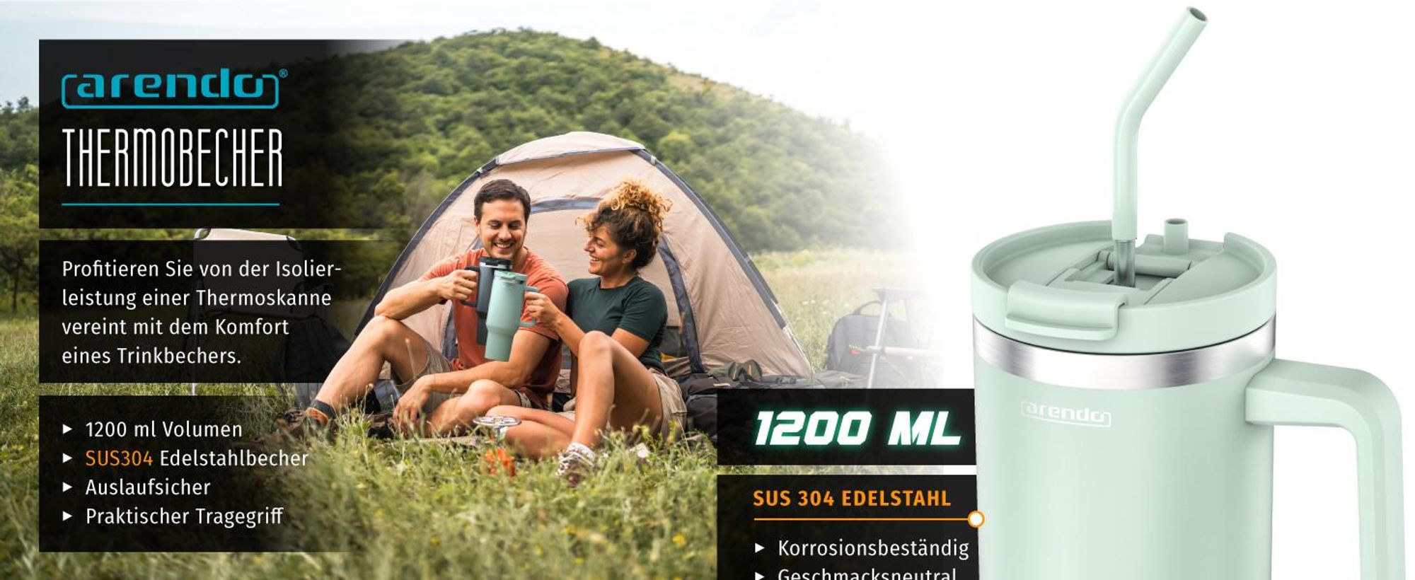 Arendo Isolierbecher, Thermobecher, Tumbler, Mehrwegbecher, 1200 ml, doppelwandiger Edelstahl, luftdichter Deckel, mit Henkel, Trinkhalm, BPA-frei, hält  6h warm 12h kalt