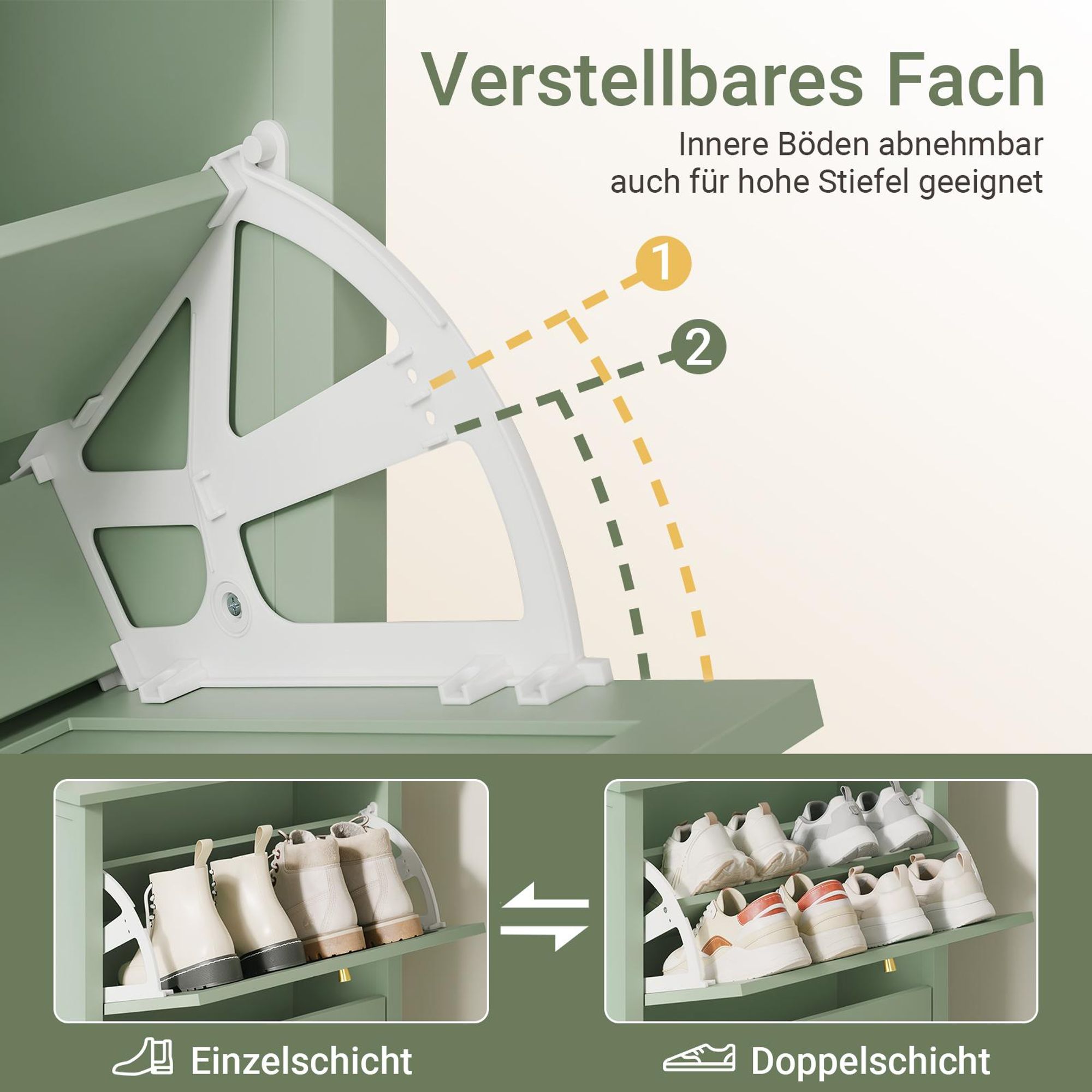 SoBuy Schuhschrank mit 3 Klappen, grün/gelb gewebt, schmal 62x25x121 cm Dreitüriger Schuhschrank mit Klappböden FSR222-GR