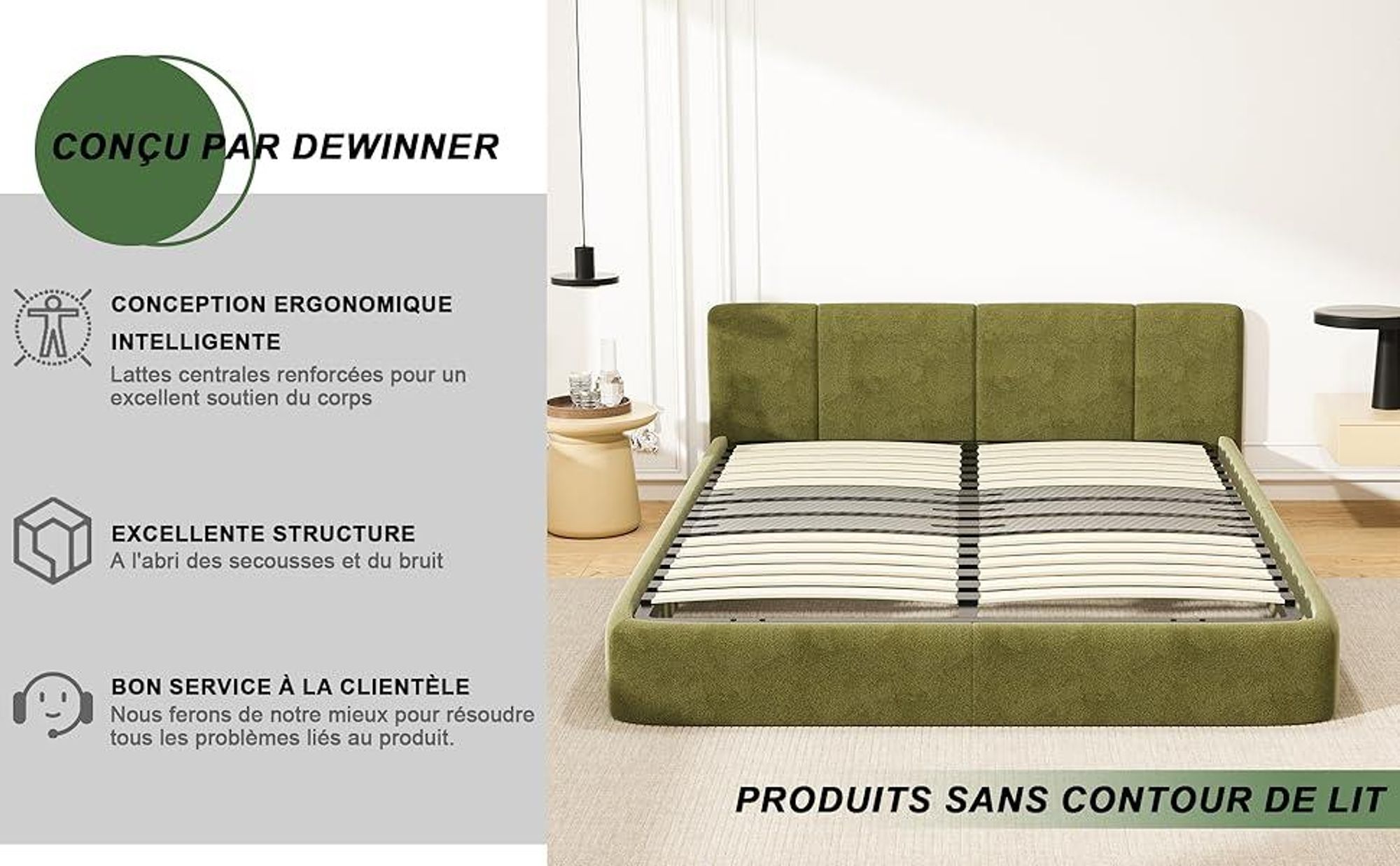DEWINNER - Bed base 160 x 200 cm | 2 x 15 natural poplar slats | height adjustable T-leg | Contemporary style | Ergonomic | Ultra-fast assembly