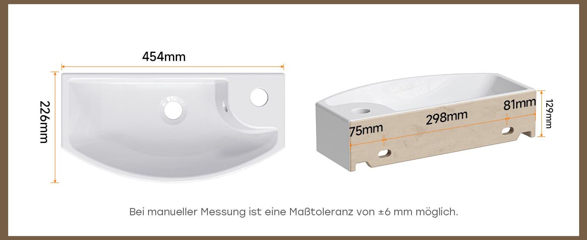 HOROW Hänge Handwaschbecken Weiß  Aufsatzwaschbecken mit Hahnloch und Überlauf, Kleines Waschbecken 40cm, ultradünner Rand