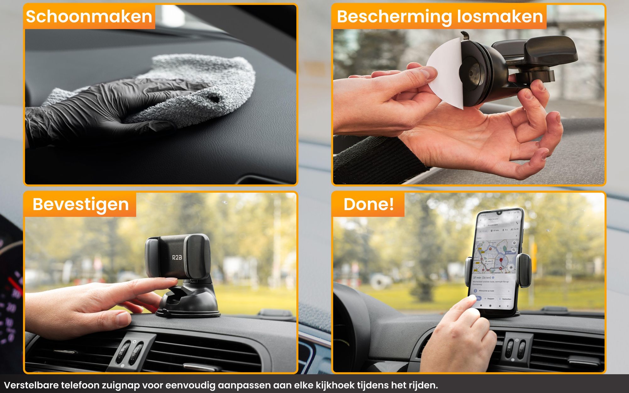 R2B Compacte Telefoonhouder Auto met Zuignap – Voor Raam en Dashboard – Universele GSM Houder