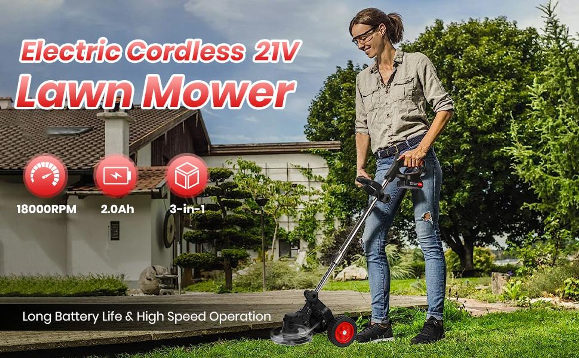 Akku Rasentrimmer, Freischneider, Motorsense, mit 2 x 2000mAh Akku und Ladegerät, Teleskop-Stiel & Zusatzhandgriff, mit Rädern