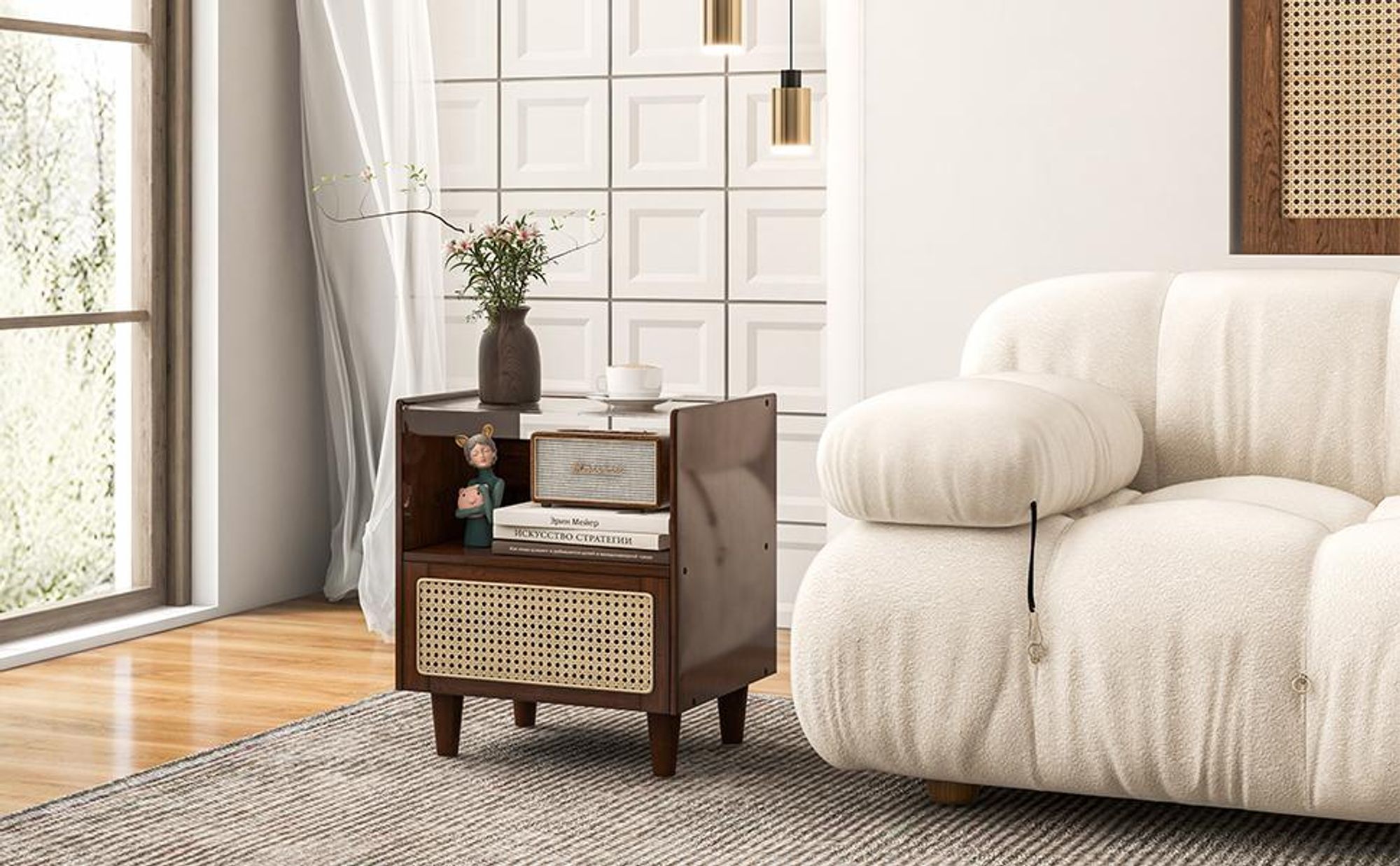 COSTWAY 2er Set Nachttisch aus Bambus & Rattan mit Schublade, Beistelltisch mit Glastischplatte und offenem Fach, Sofatisch, Nachtschrank, Boho-Nachtkonsole für Schlafzimmer, 43 x 35 x 50 cm