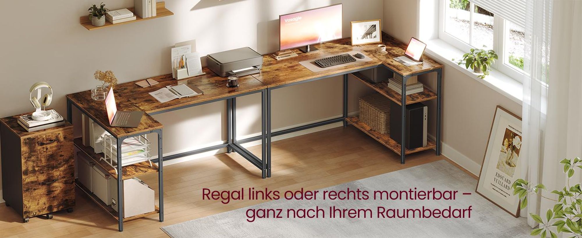 VASAGLE Schreibtisch mit Stauraum, L-Form Computertisch, höhenverstellbare Ablage, Büro, 120 x 80 cm, braun