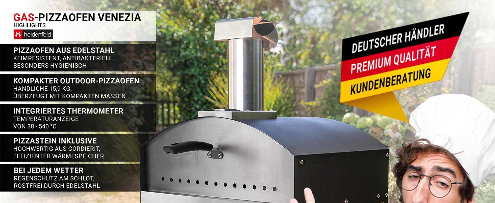 Heidenfeld Gas Pizzaofen Venezia | Pizzastein Cordierit - bis zu 500° C - Edelstahl - Pizza Maker - Outdoor Ofen - Thermometer - Steinofen - Silber