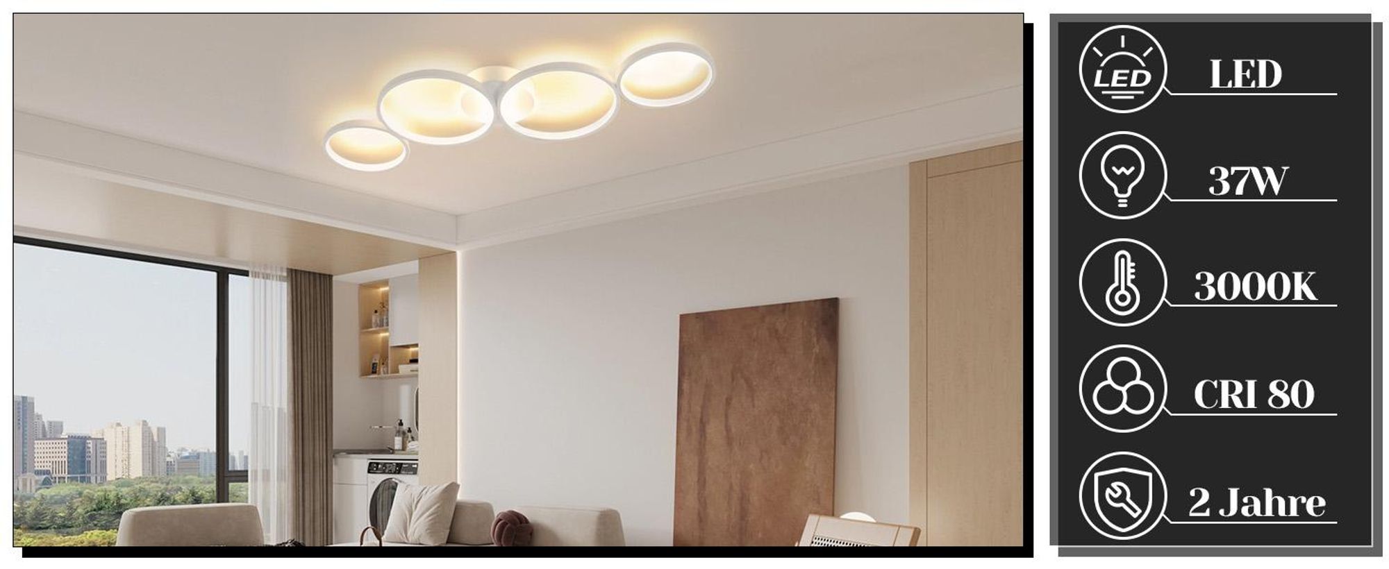 Plafonnier LED ZMH moderne à 4 ampoules, design circulaire, 3000 K (blanc chaud), luminaire d'intérieur en métal, pour salon et chambre à coucher