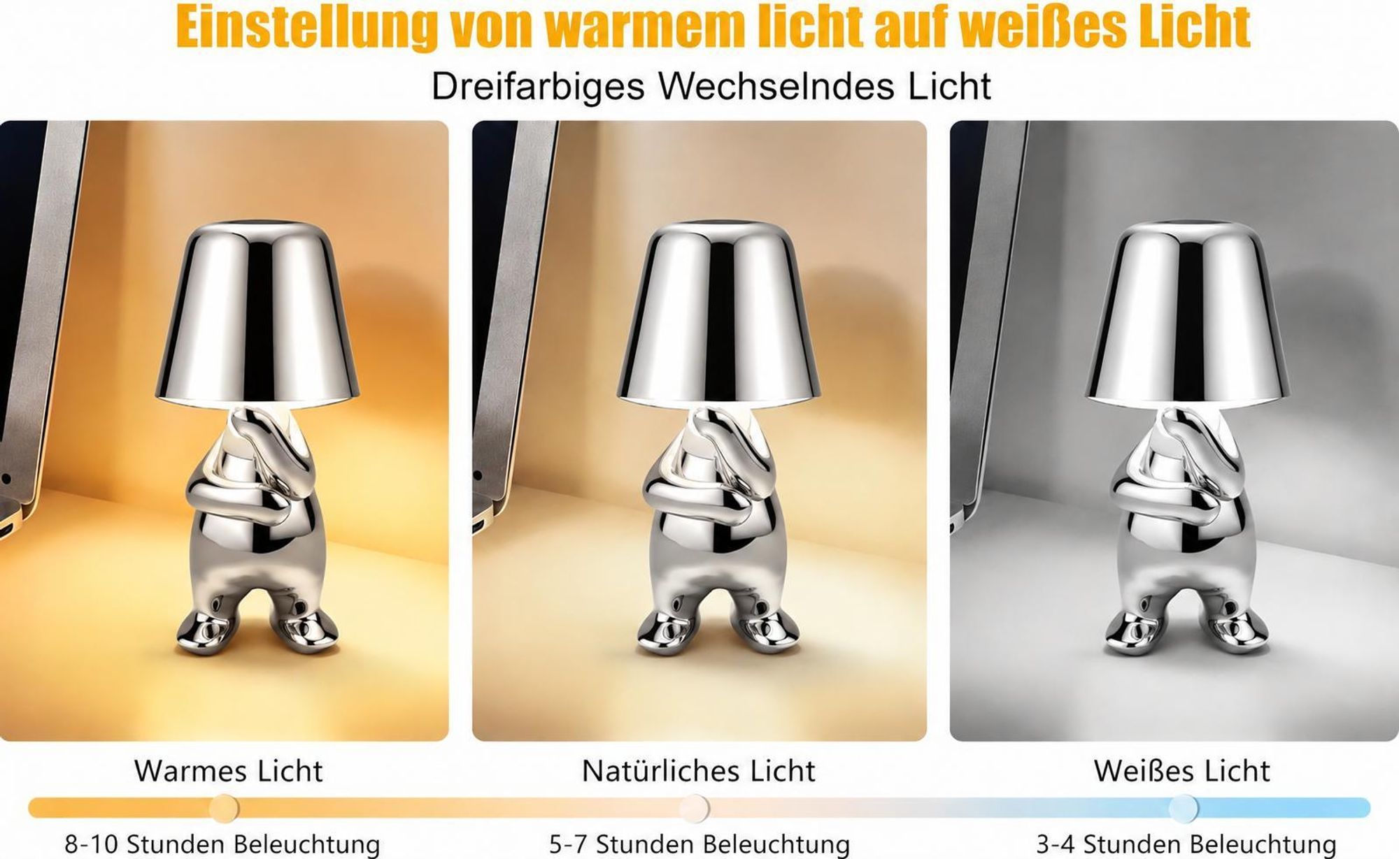 Thinker-Statue LED Nachttischlampe mit Touch-Steuerung,USB-Aufladung,3 Helligkeitsstufen,Kabellose Dimmbare Tischlampe,Dekorative Nachtlicht(SilverE)