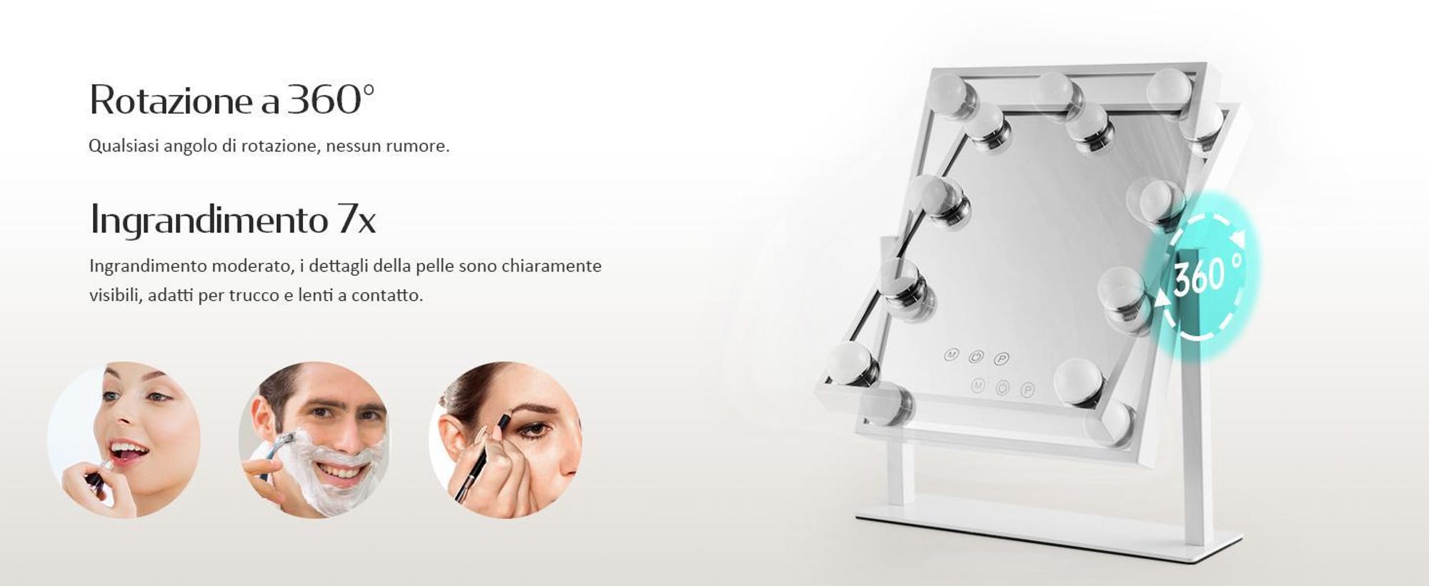 Specchio cosmetico EMKE con illuminazione a LED 47,5 x 36,5 cm Specchio per trucco Ingrandimento 7x 3 colori di luce Dimmerabile Ruotabile a 360°, bianco