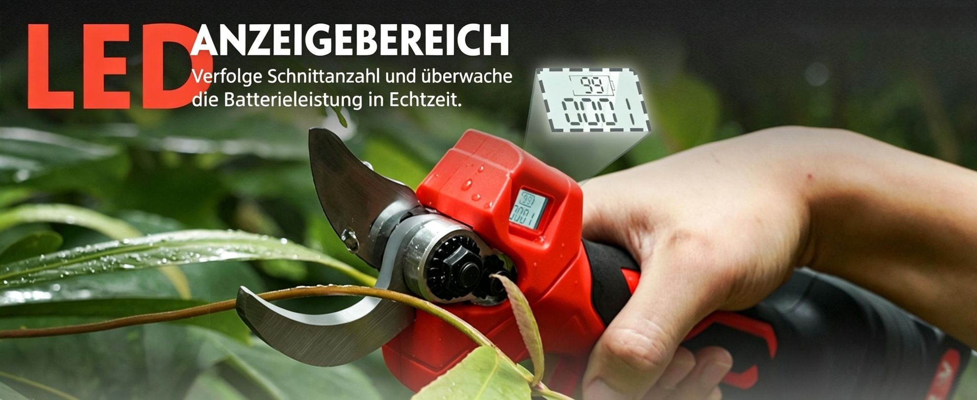 Akku-Gartenschere, elektrische Gartenschere, Schnittdurchmesser 0-30 mm, fortschrittliche Digitalanzeige, mit 2 Akku, 21-V-Gartenschere, Baumschere