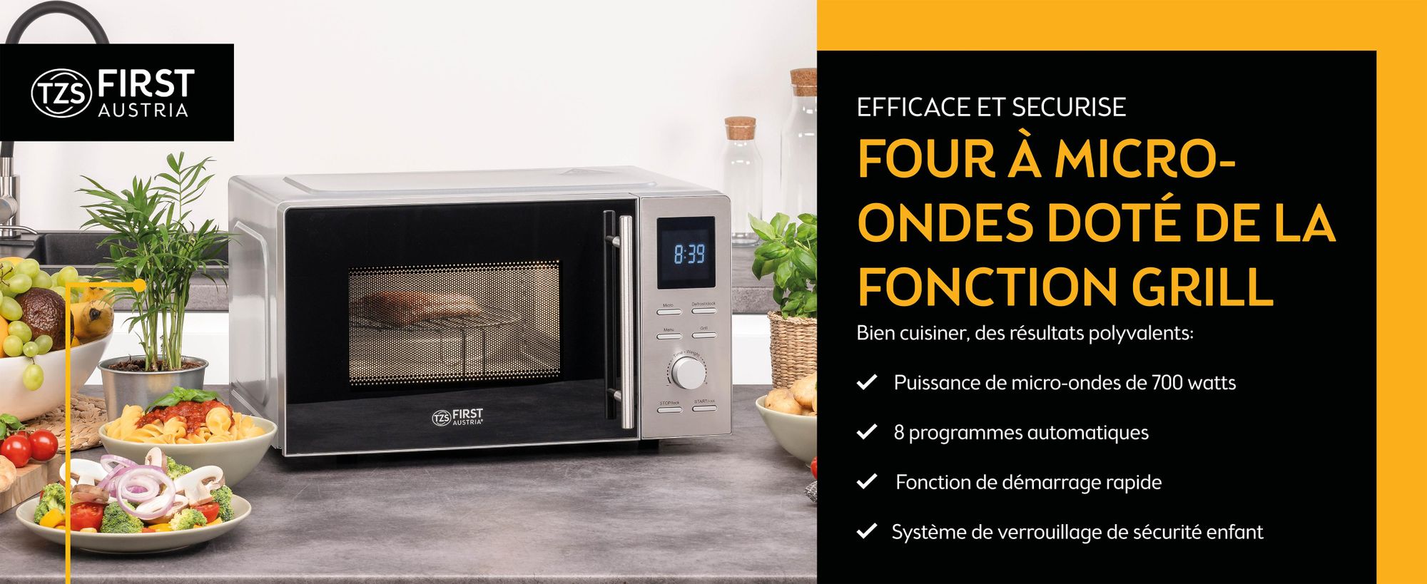 TZS First Austria 2-in-1 Mikrowelle mit Grillfunktion, 1100W, digital, 20L Kapazität, LED-Display, Auftaufunktion, 8 Automatikprogramme, Schnellstartfunktion, Kindersicherung, Edelstahl