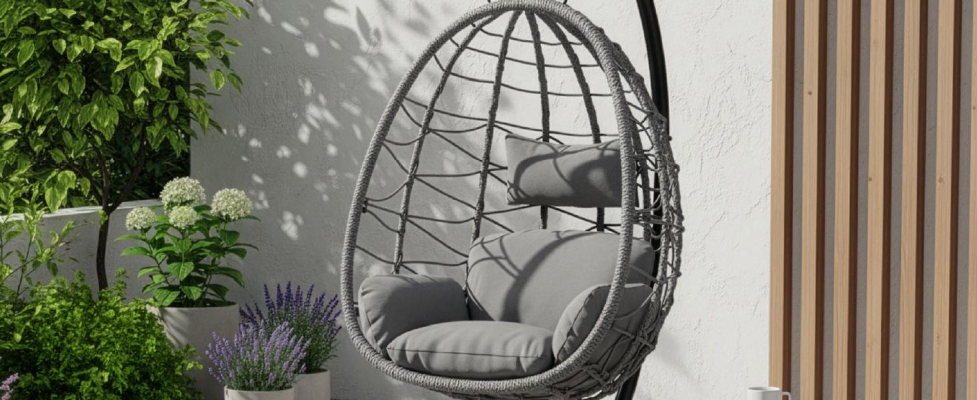 Juskys Hängesessel Aria mit Kissen - höhenverstellbar & faltbar - Polyrattan Hängeschaukel Outdoor & Indoor - Korbhängesessel bis 130kg Dunkelgrau