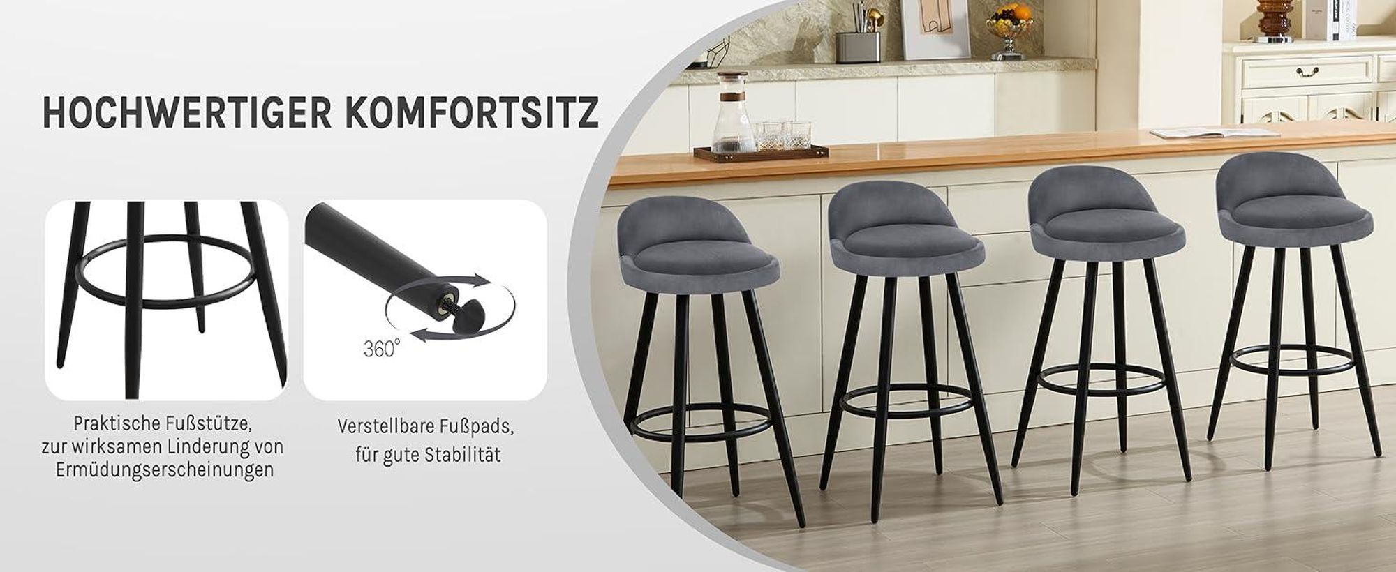 WOLTU Barhocker 2er Set Barstuhl Hocker Tresenhocker Bistrohocker Designer Hocker mit Lehne und Fußstütze aus Samt Metall, Dunkelgrau