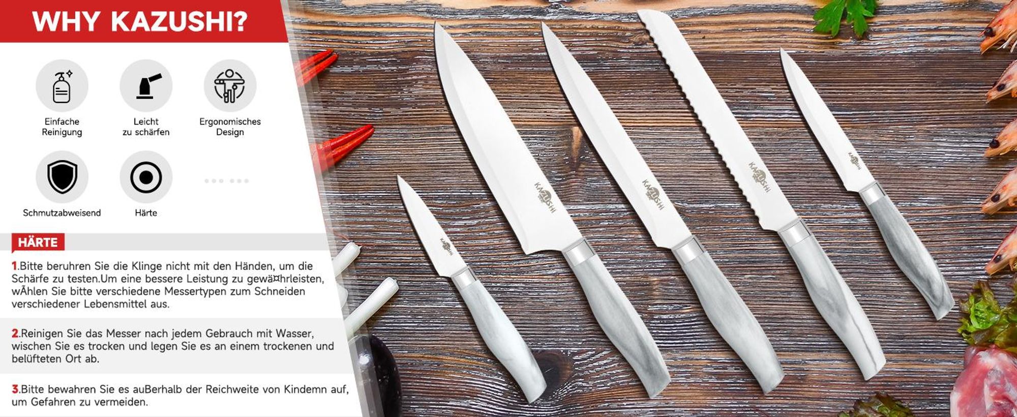 KAZUSHI Messerblock mit Messer 6-teilig, Weiß Scharfe Küchenmesser, Profi Messerset mit Block, Edelstahl Messer Set (KA-KN64)
