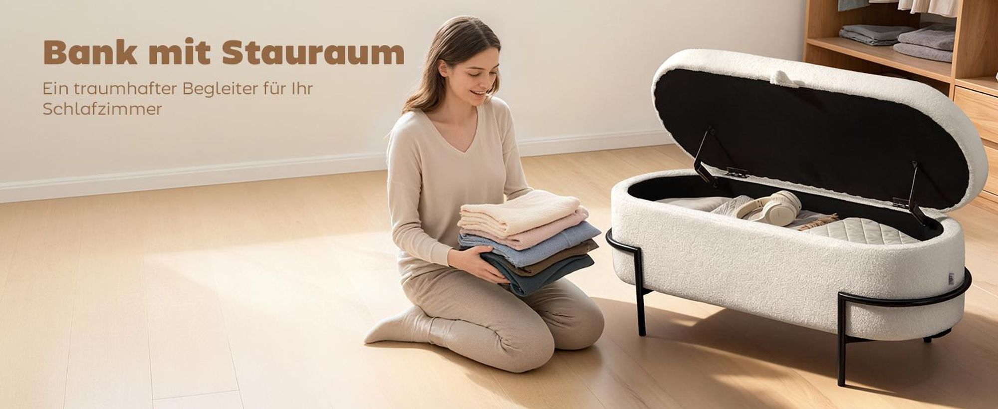 HOMCOM Sitzbank mit Stauraum Sitztruhe mit hochklappbarem Deckel, Fleece-Optik