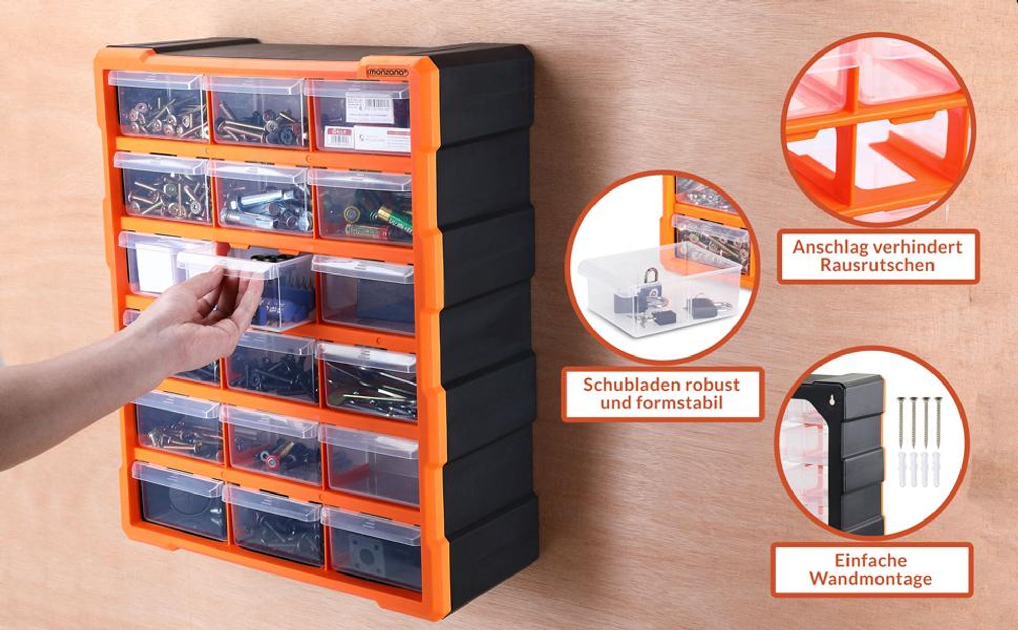 MONZANA® Sortimentskasten MW1506 18 Schubladen 47,5x38x16cm Trennwände bis 36 Fächer Werkstatt Sortierbox Sortierkasten