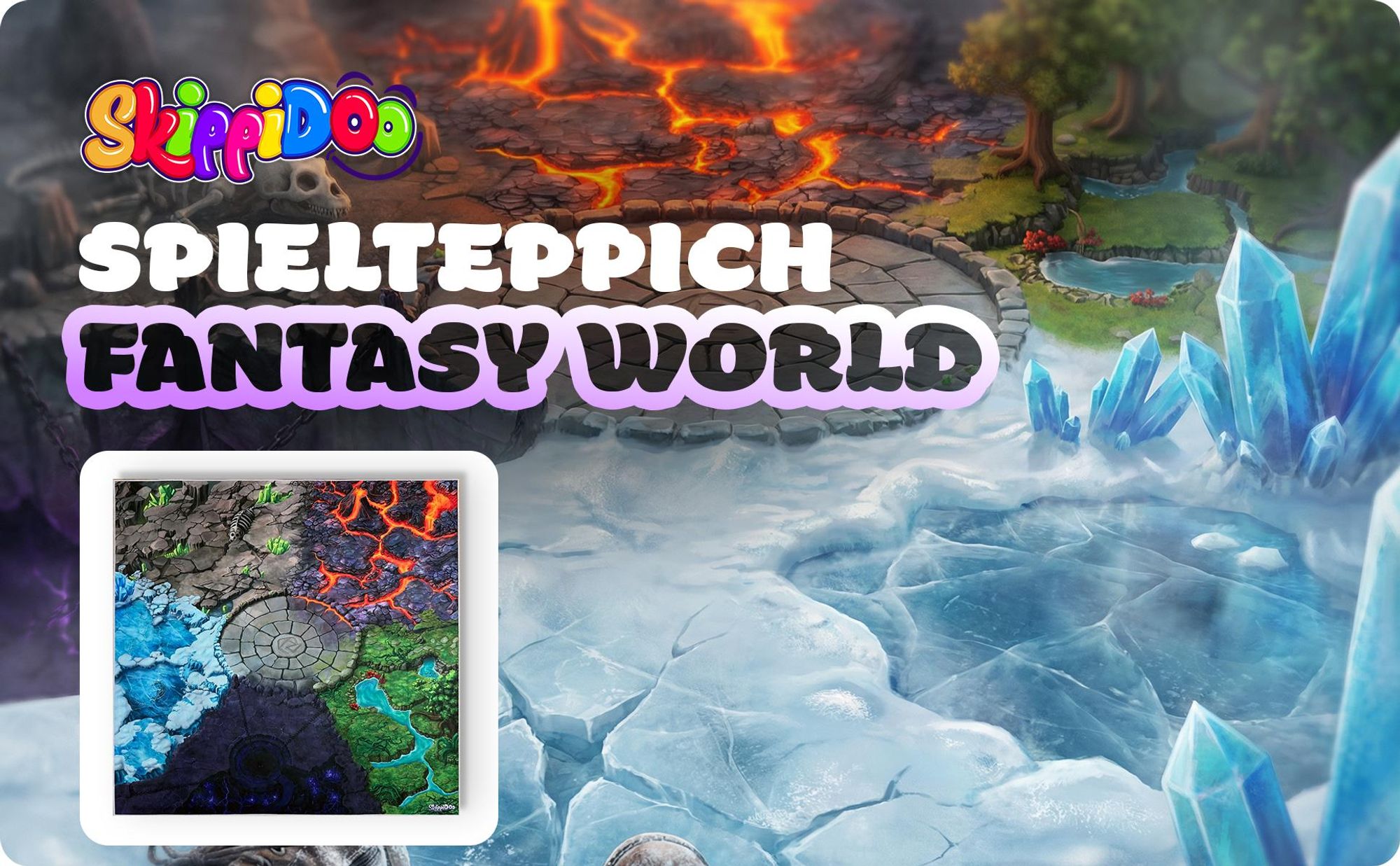 SkippiDoo Spielteppich Fantasy 120x120cm – 5 Welten mit Battle Arena – Lava, Eis, Dschungel, Stein und Schatte – rutschfest für z.B. Eldrador® passend