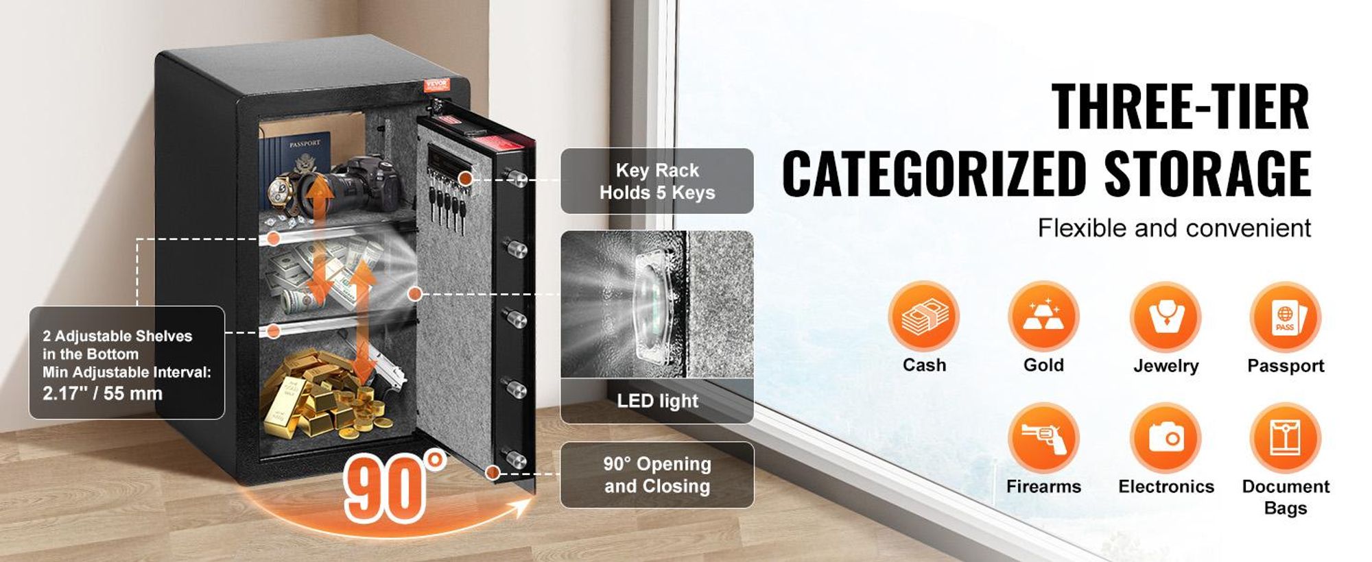 VEVOR Einzeltür 4,0 cu.ft Safe Box mit Schlüsselverschluss & Passwort, Safe Lock Box mit feuerfestem Beutel, Schlüsselablage, LED-Licht, 2 Regalen und 1 Schrank für Geld, Dokumente, Schmuck und Wertsachen, Schwarz, Passwort + Schlüssel-a, 99L