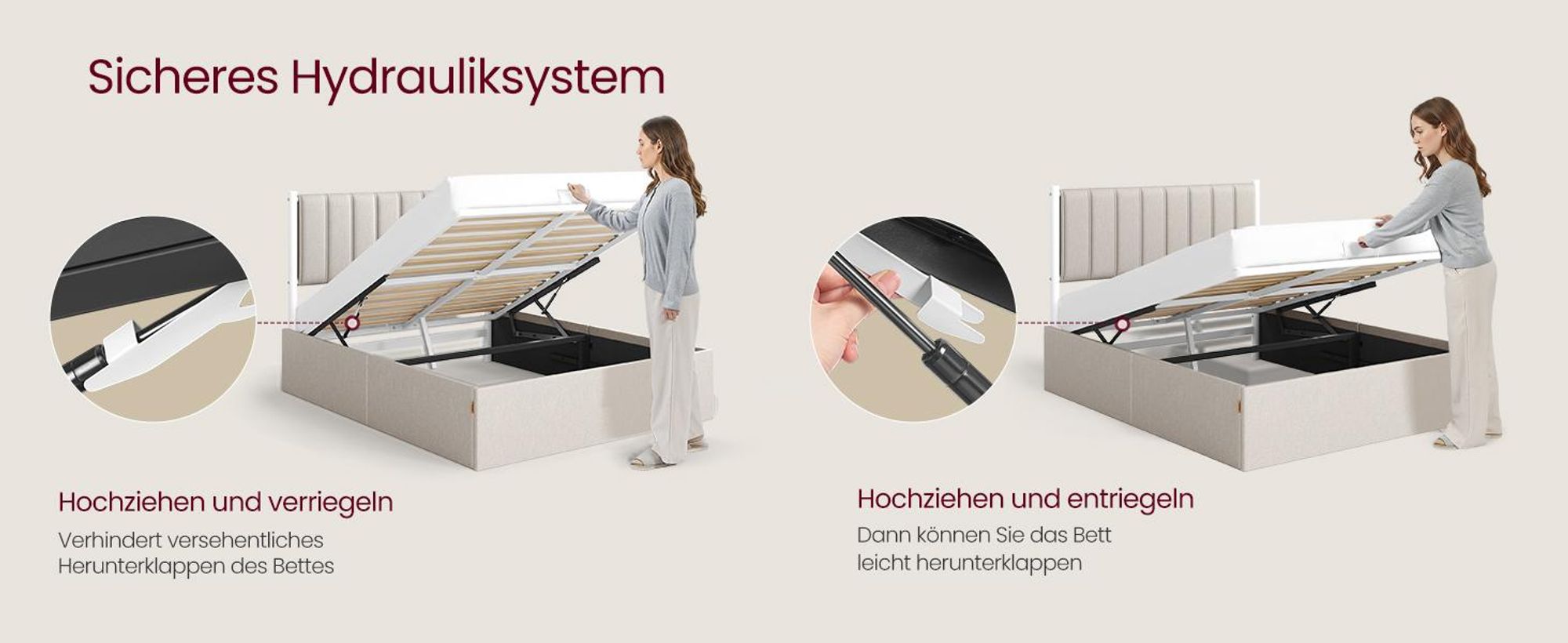 VASAGLE Bettgestell, 140 x 200 cm, hochklappbar Lattenrost, Stauraum unter dem Bett, mit Kopfteil, beige