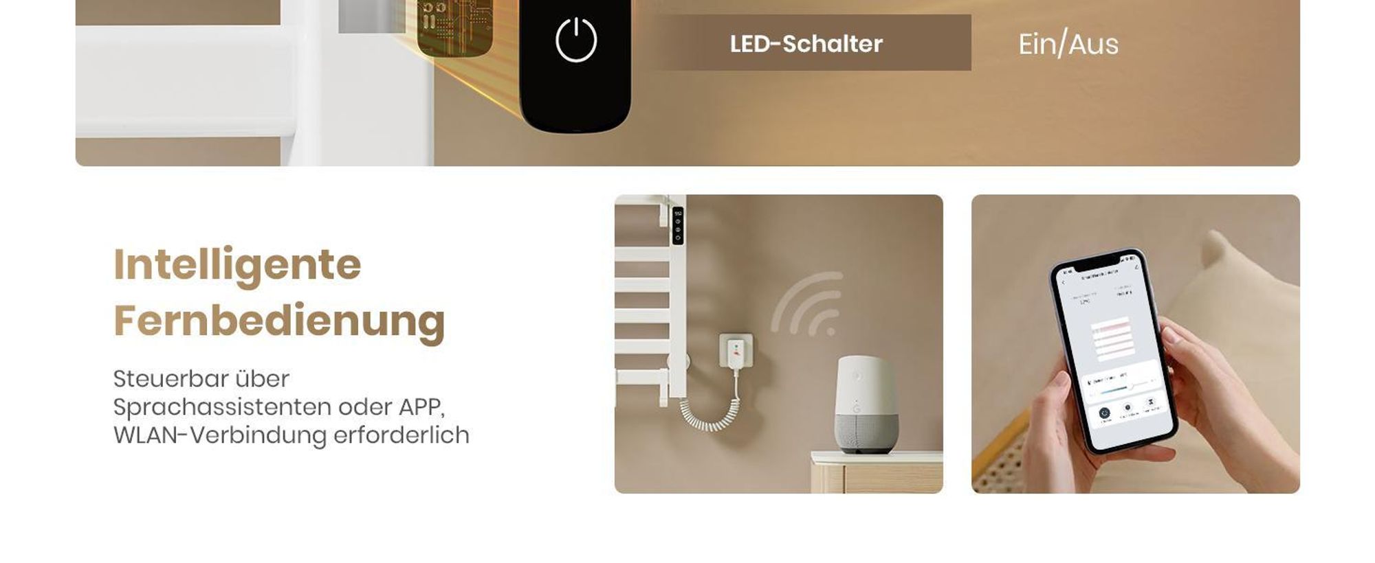 EMKE Handtuchwärmer Elektrisch WIFI Handtuchtrockner Doppelreihe Flachrohr mit Ablage & Haken 500×500 mm 140W Tuya Alexa Weiß Glänzend
