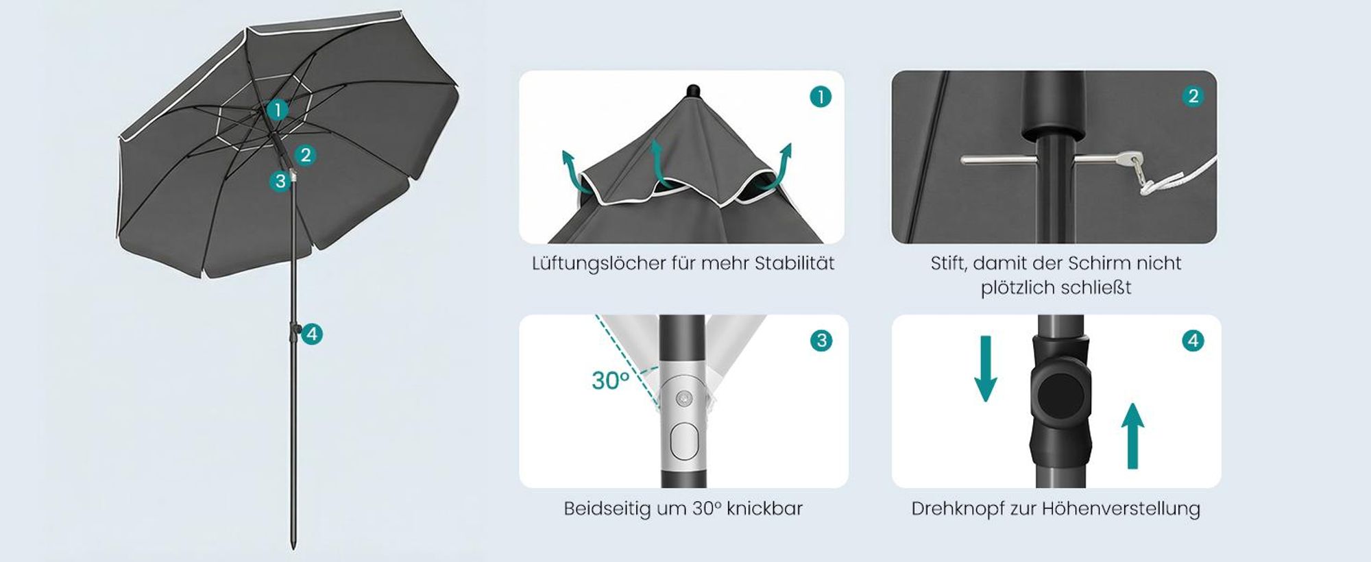 SONGMICS Strandschirm höhenverstellbar, UV-Schutz UPF 50+, Sonnenschirm mit Tragetasche, für Garten, ohne Ständer, grau