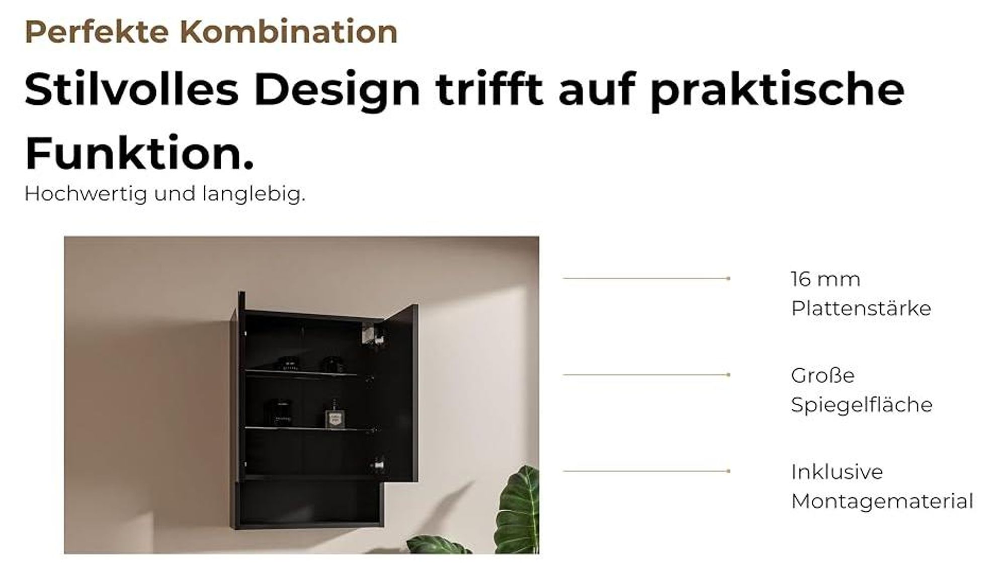 60x78 cm Spiegelschrank Bad Schwarz mit Glaseinlegeböden Badezimmermöbel Bathroom Cabinet Hängeschrank Bad Grifflose Front Modernes Design Wandmontage