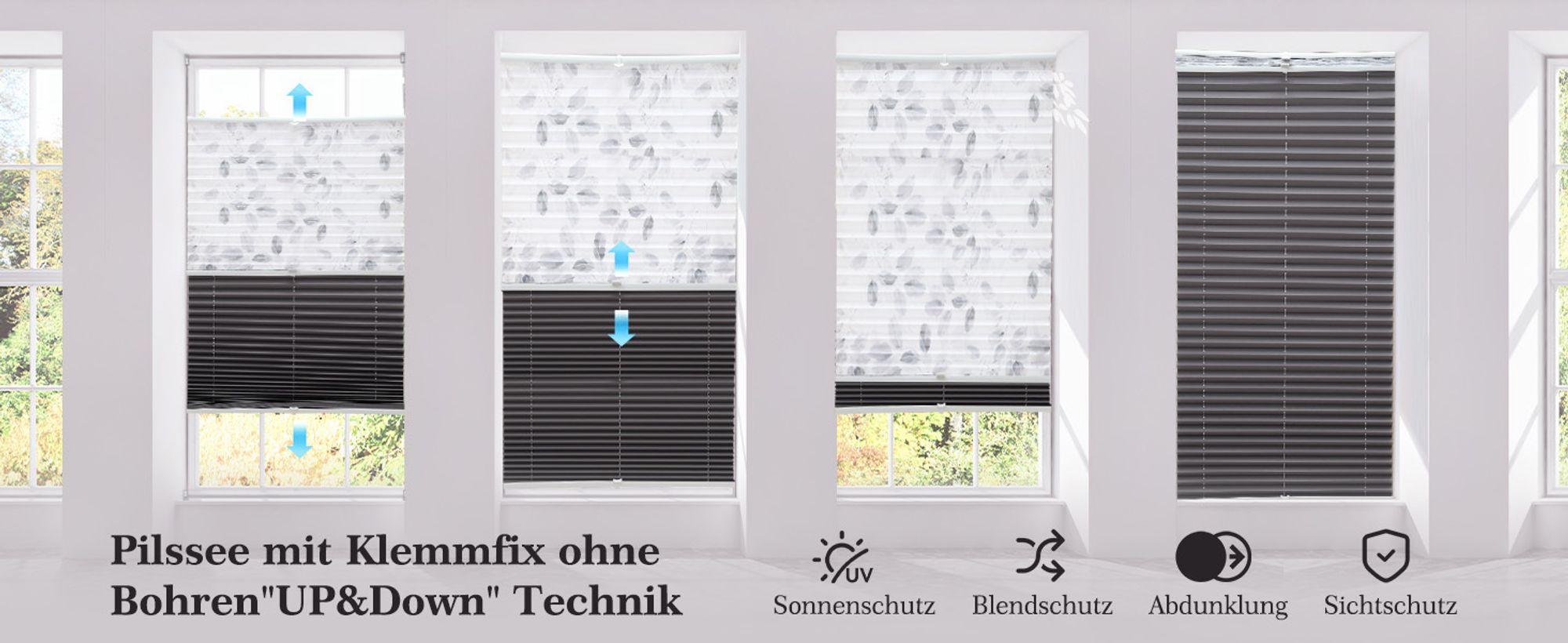 Plissee Ohne Bohren110x130cmPlisseerollo Klemmfix Doppelplissee Day+Night 100% Verdunkelung mit Lichtdurchlässig Ausbrenner-Muster Faltrollo Jalousie für Fenster