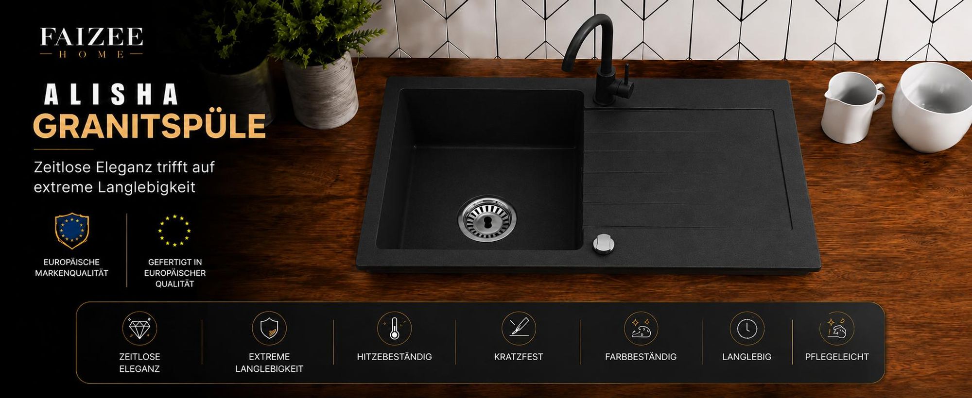 Faizee Home Granitspüle Schwarz 75 × 44 cm mit Armatur Genial Schwarz – Eckige Einbauspüle mit Abtropffläche, reversibel montierbar, Küchenspüle für Unterschränke ab 45 cm inkl. Siphon-Set mit Armatur Grau