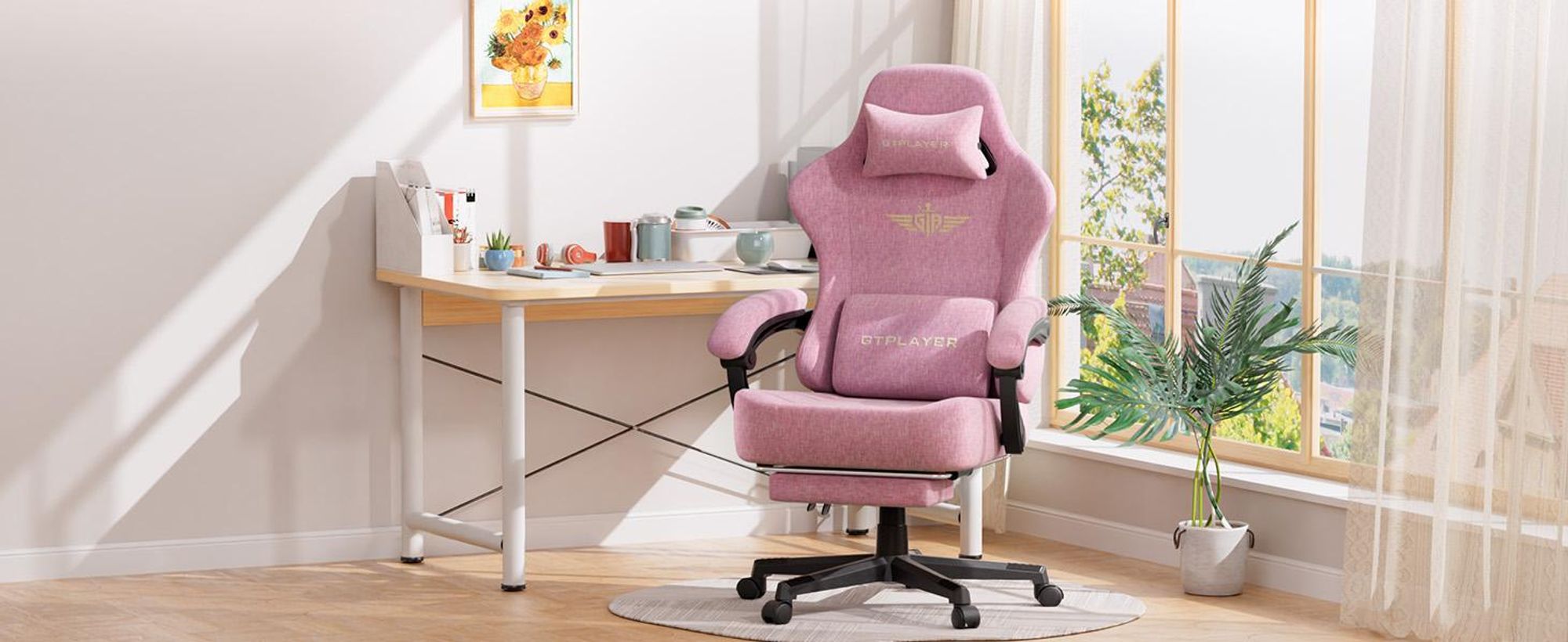 GTPLAYER Gaming Stuhl Ergonomischer Gaming Sessel Schreibtischstuhl Bürostuhl mit Stoffoberfläche Federsitzkissen, Verbindungsarmlehnen, mit Fußstütze