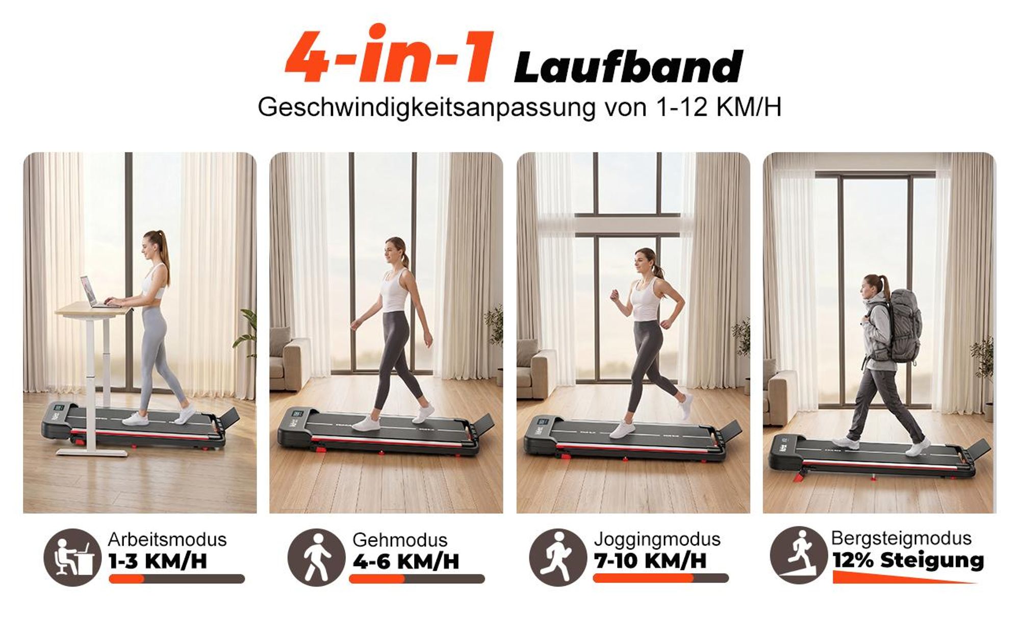 4-in-1 Laufband klappbar, 1–12 km/h, 12% Steigung, 120 kg ,App-Steuerung, LED Display,für Zuhause