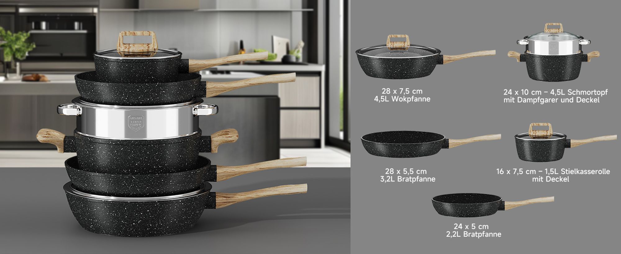 Topfsets, 12-teilige Kochtopfset Antihaft-beschichtete, Aluminium Topfset Induktion Induktionstöpfe mit Deckel, ,Töpfe & pfannen, Schwarz