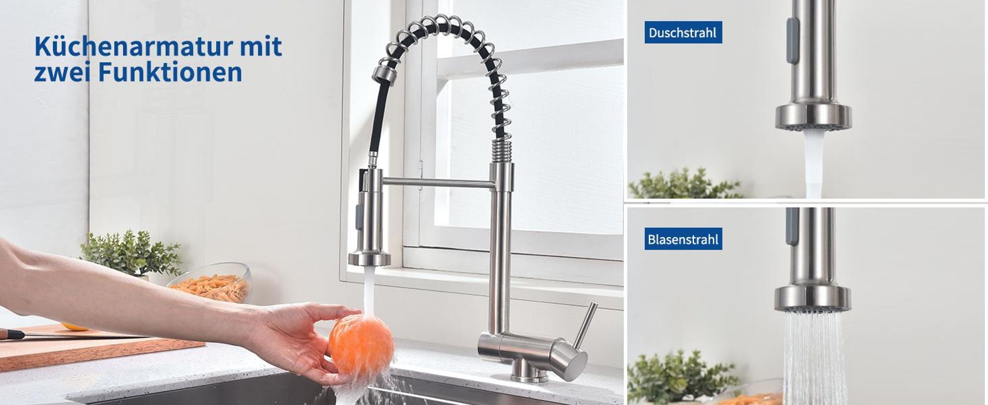 Homelody Vorfenster Küchenarmatur 90° Faltbar 360° Drehbare Hochdruck Edelstahl 304 Wasserhahn Küche mit Brause Ausziehbar 2 Strahlarten Gebürstet