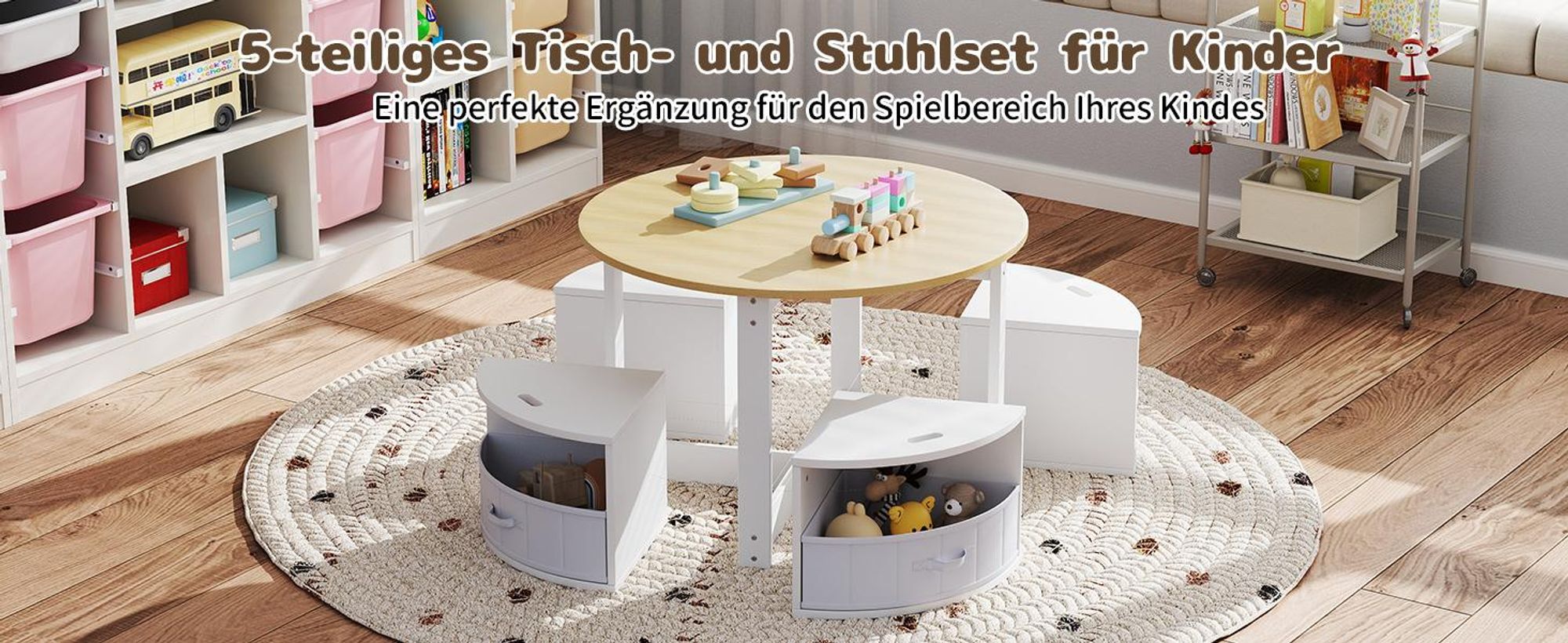 COSTWAY Kindertisch mit 4 Stühlen, Kindersitzgruppe aus Holz mit 4 Stauraumhocker & 4 Stoffschubladen, Maltisch, Sitzgruppe für Kinder ab 3+, Rosa