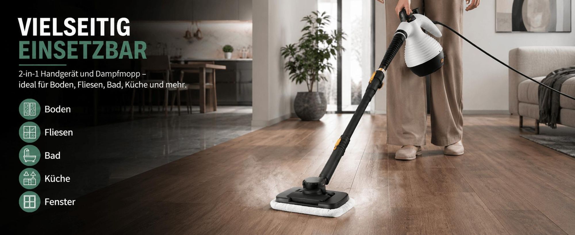 2 in 1 Handdampfreiniger, Dampfreiniger mit 16 Zubehör, Multifunktional Dampfreiniger, für Böden, Fenster, Sofas, Küche, mit Sicherheitsschloss